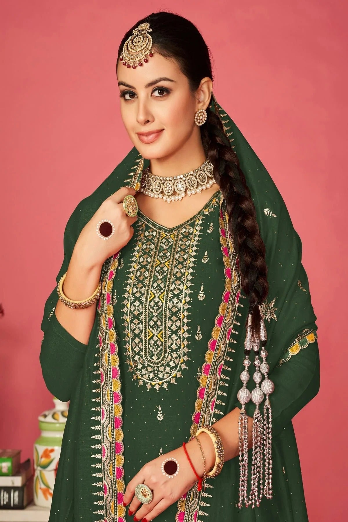 Green Colour Vichitra Silk Pant Style Suit SM1110592 A