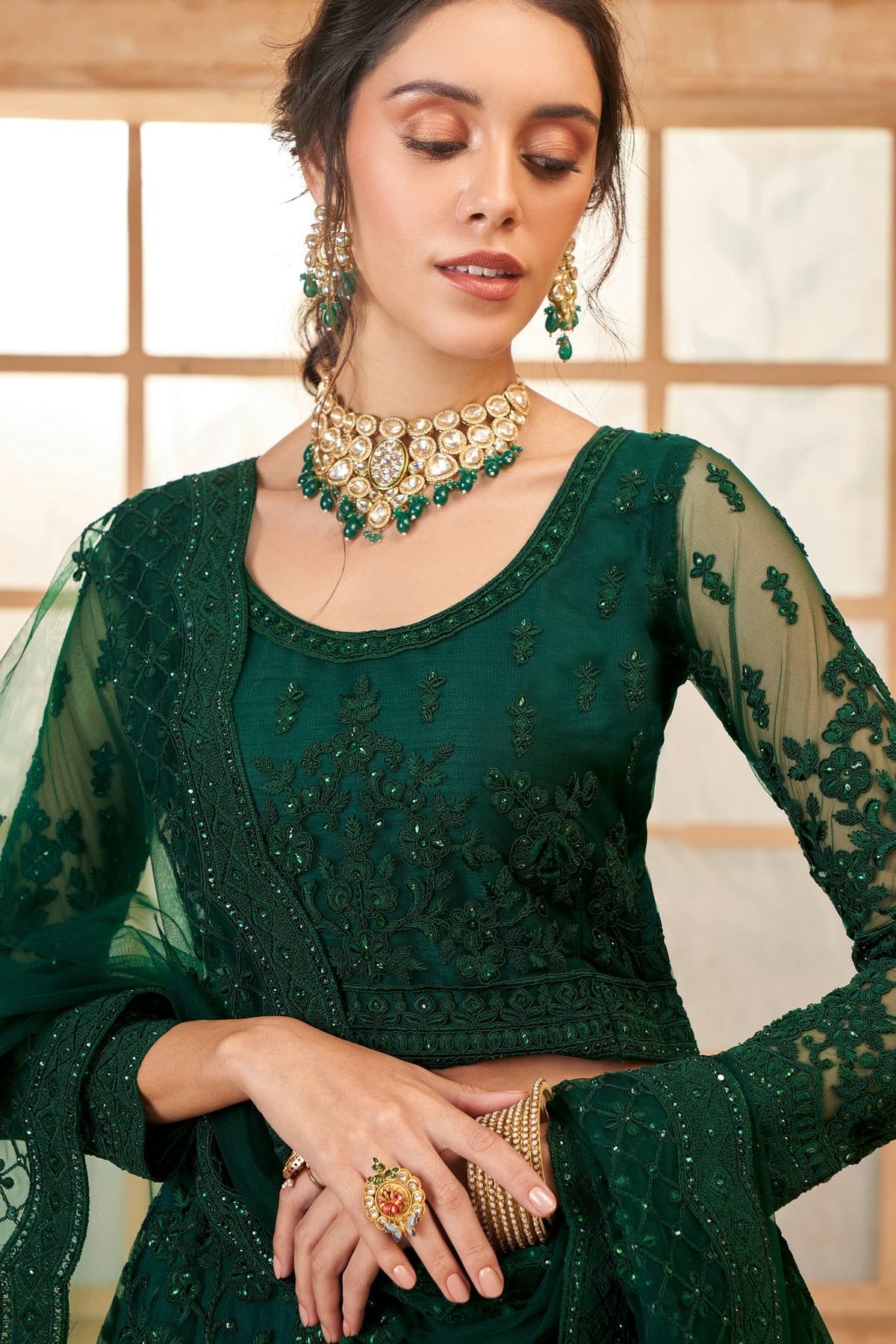 Green Embroidery Net and SilK Lehenga Choli LC1290150 B