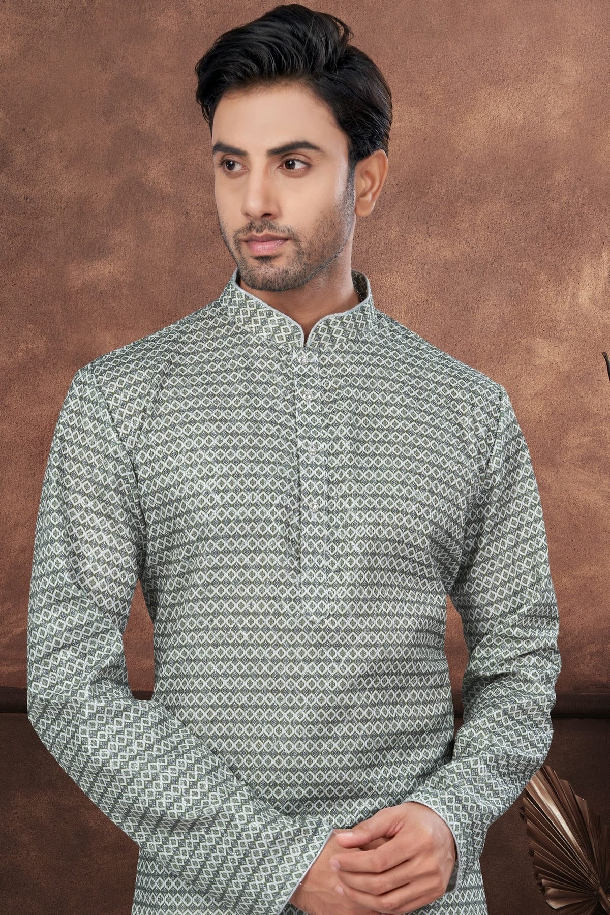 Green Jacquard Kurta Pajama KP1040679 A
