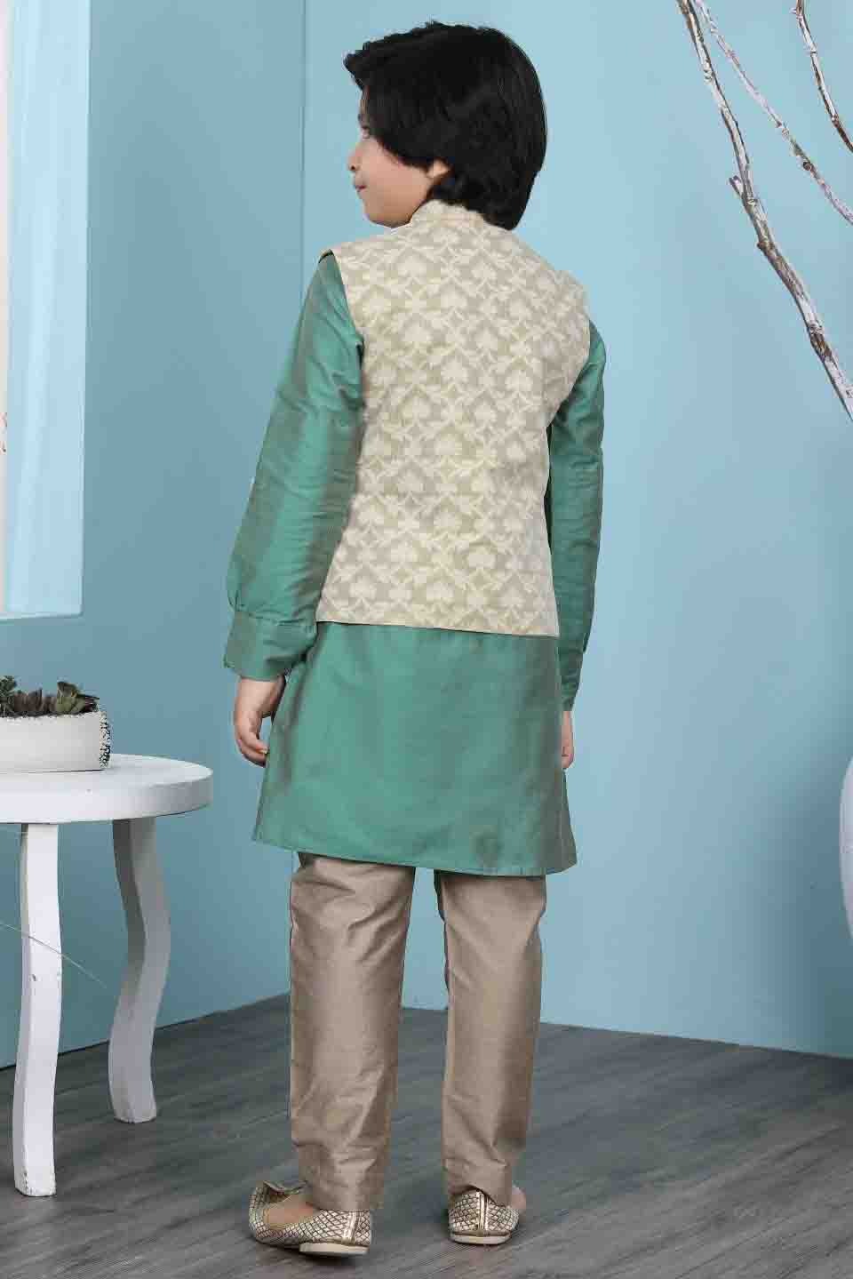 Green and Beige Colour Cotton Silk Kurta Pajama With Jacket BW1070118 C