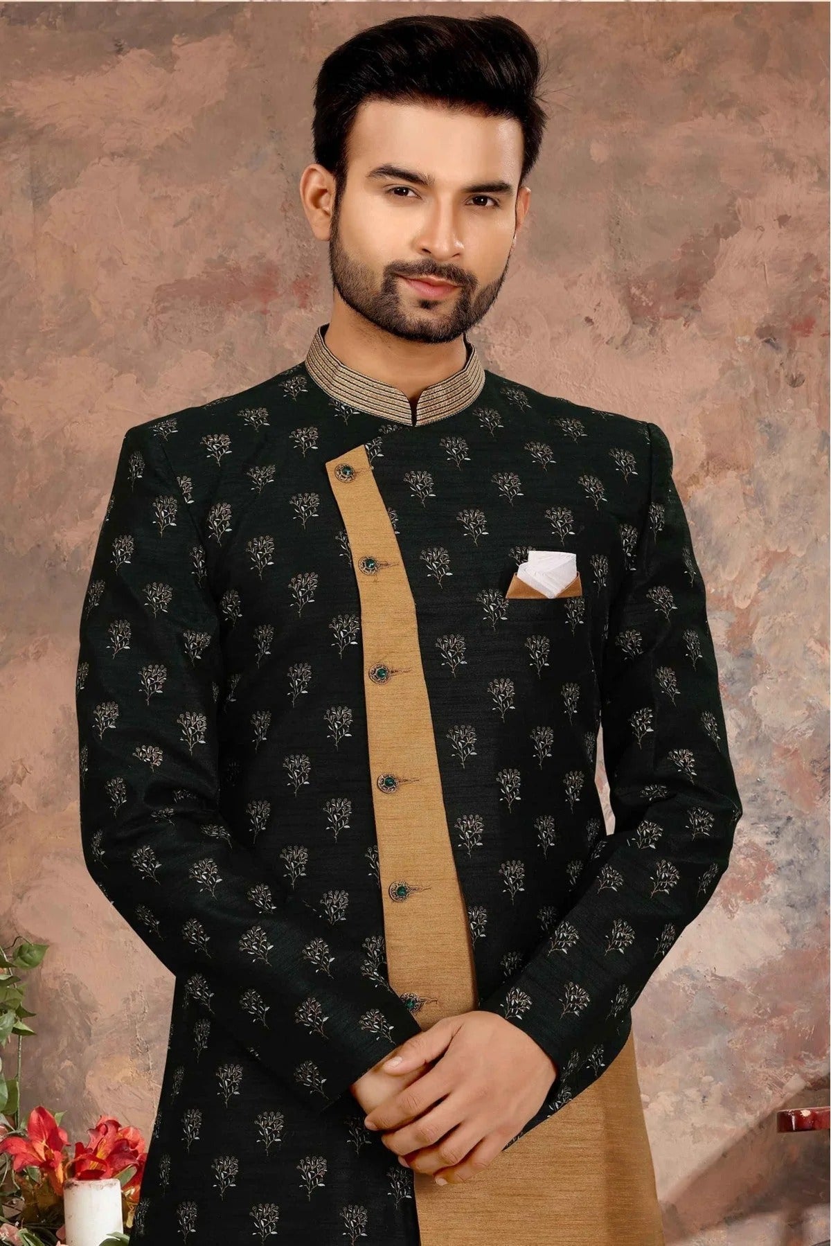 Green and Beige Colour Jacquard Thread Work Sherwani SH1040354 A