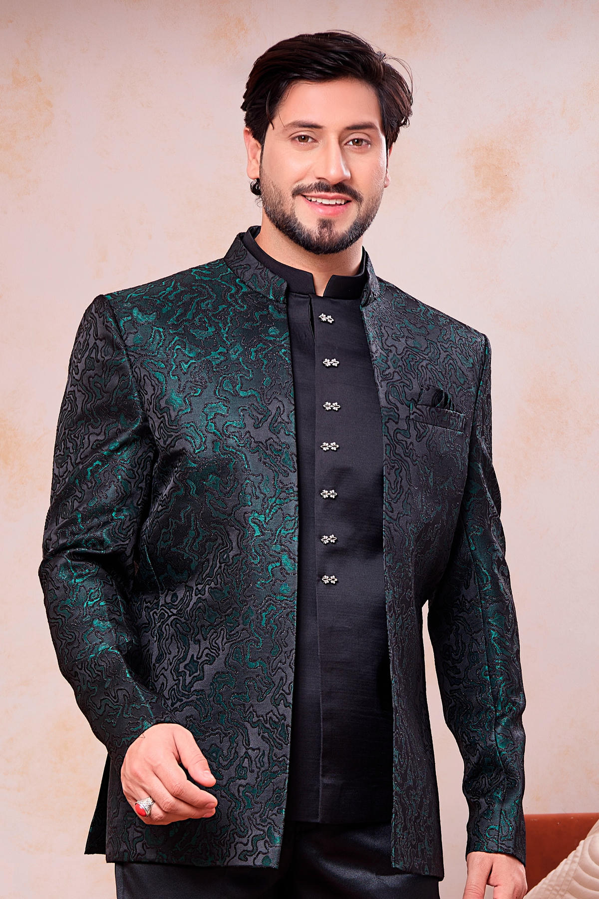 Green and Black Colour Thread Work Embroidery Jacquard Jodhpuri