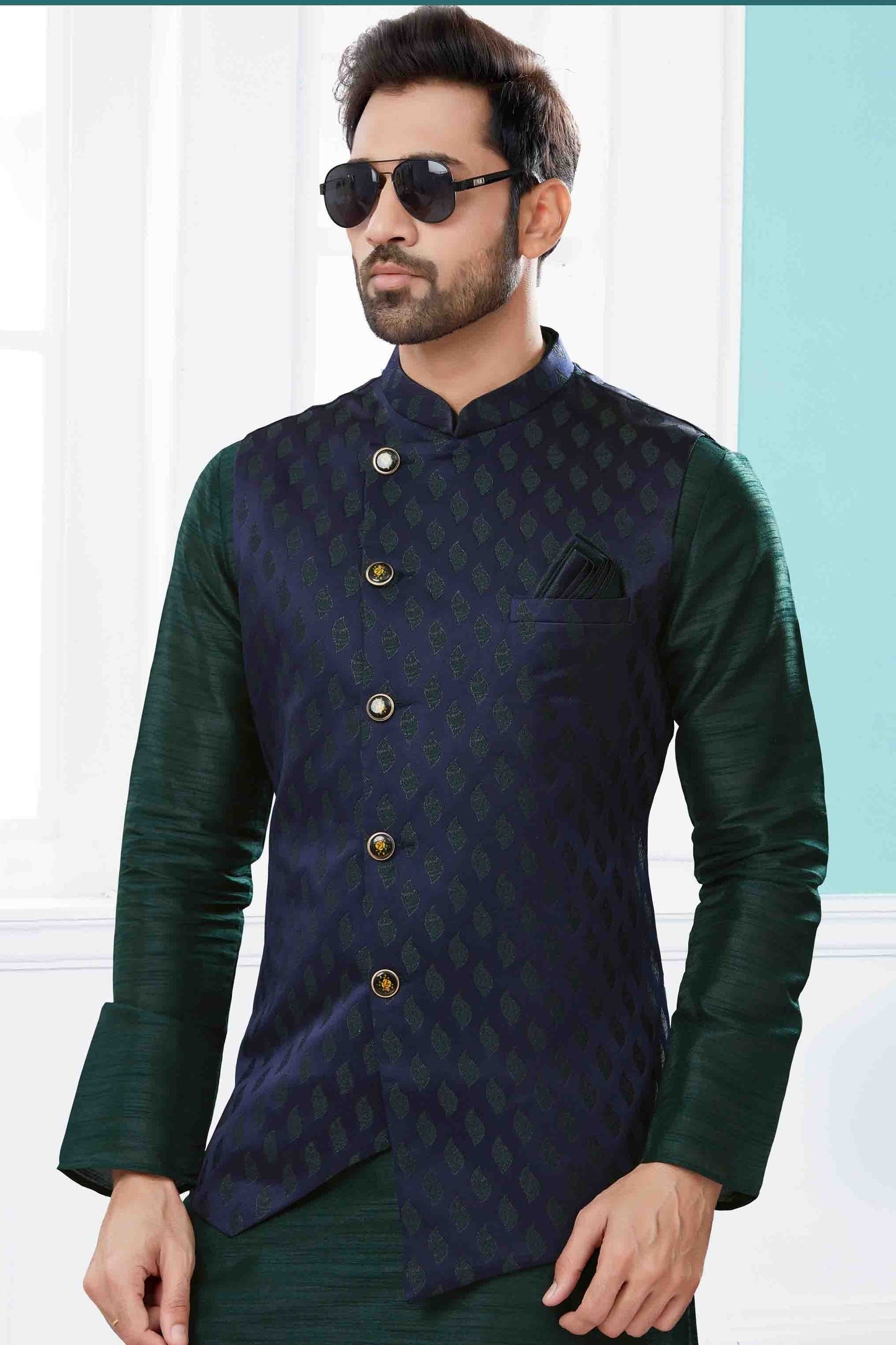 Green and Blue Colour Kurta Pajama With Jacket In Silk Dupion Fabric KP1040454 A