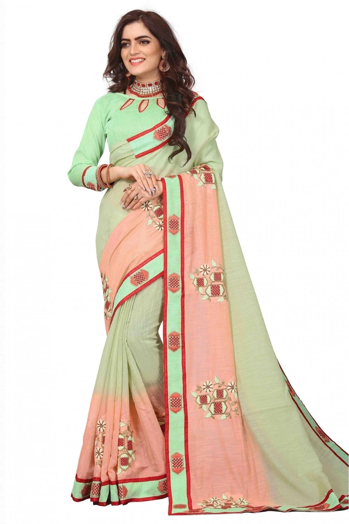 Green and Peach Colour Art Silk Embroidery Saree SD1120137