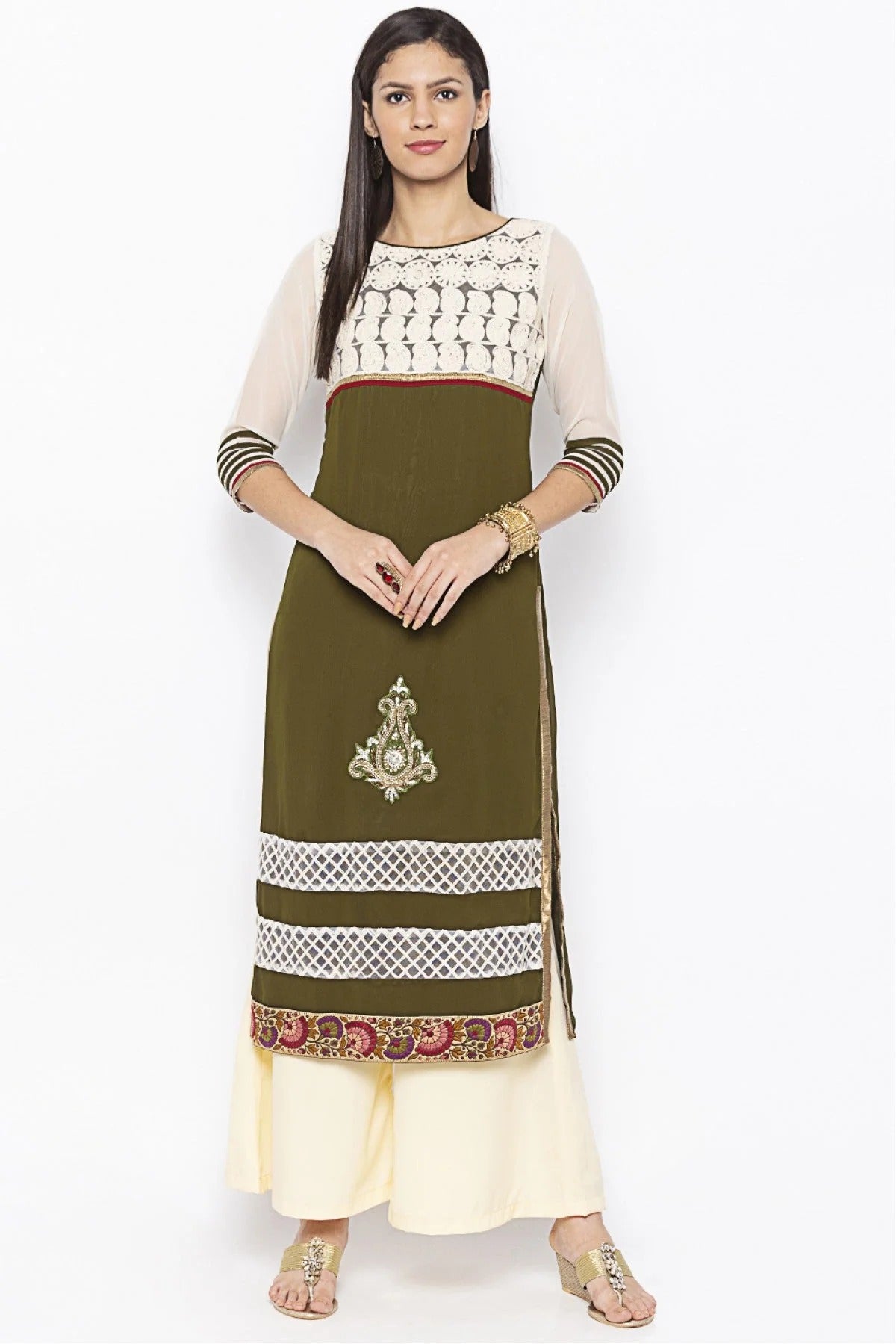 Green and White Colour Plus Size Georgette Embroidery Kurti KR1070630