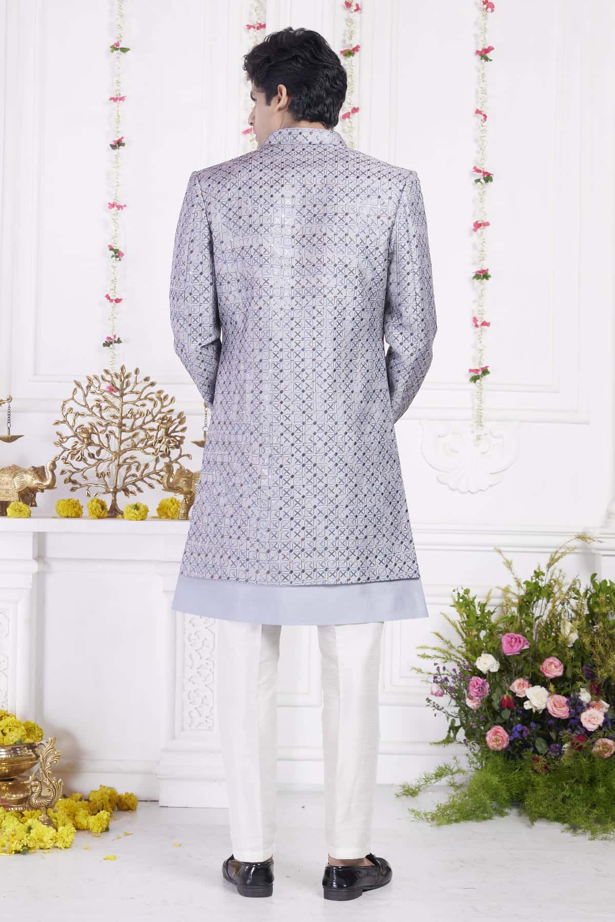 Grey Art Silk Embroidery Work 3 Pcs Jacket Set