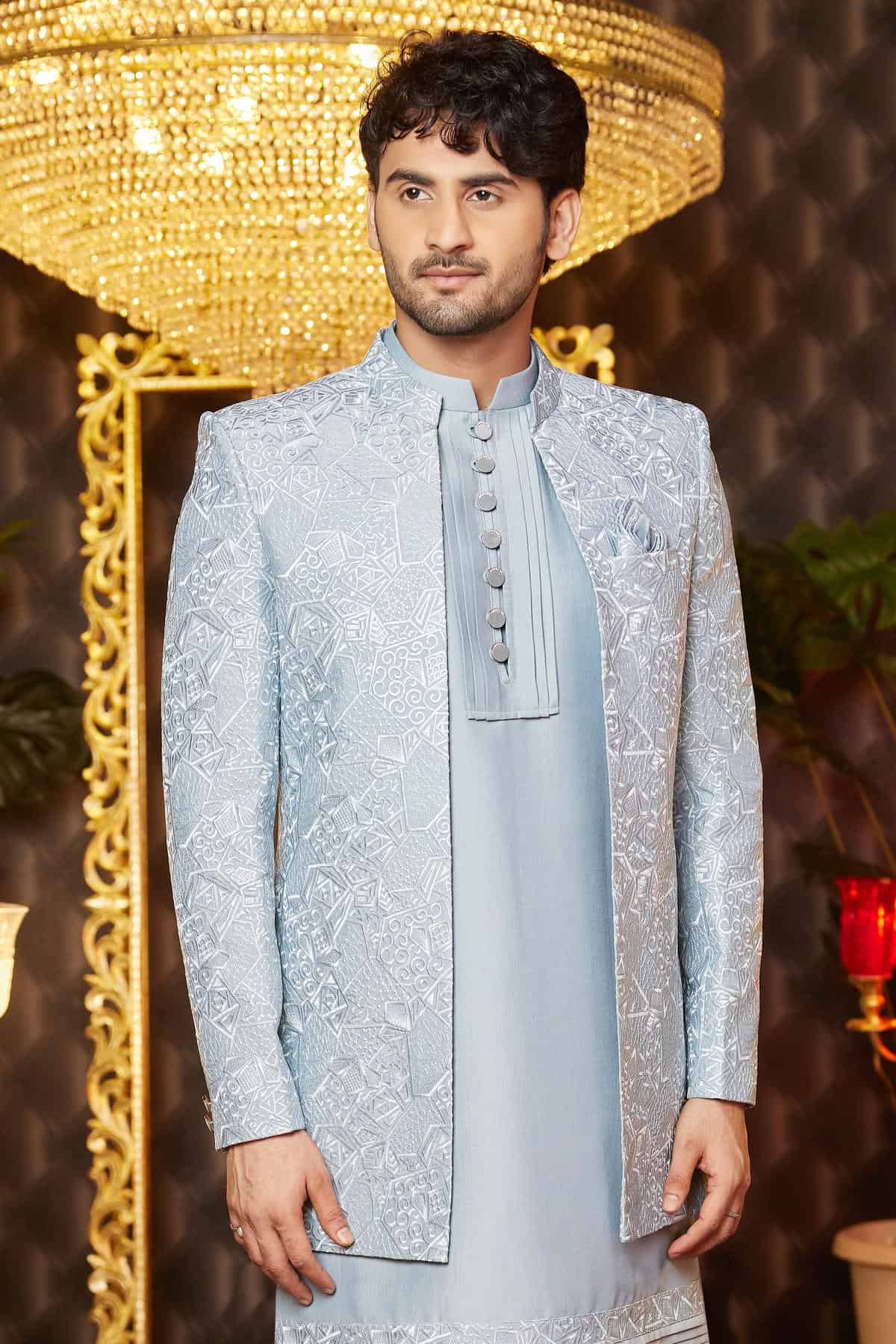 Grey Blue Colour Art Silk Thread Work Embroidery 3 Pcs Kurta Jacket