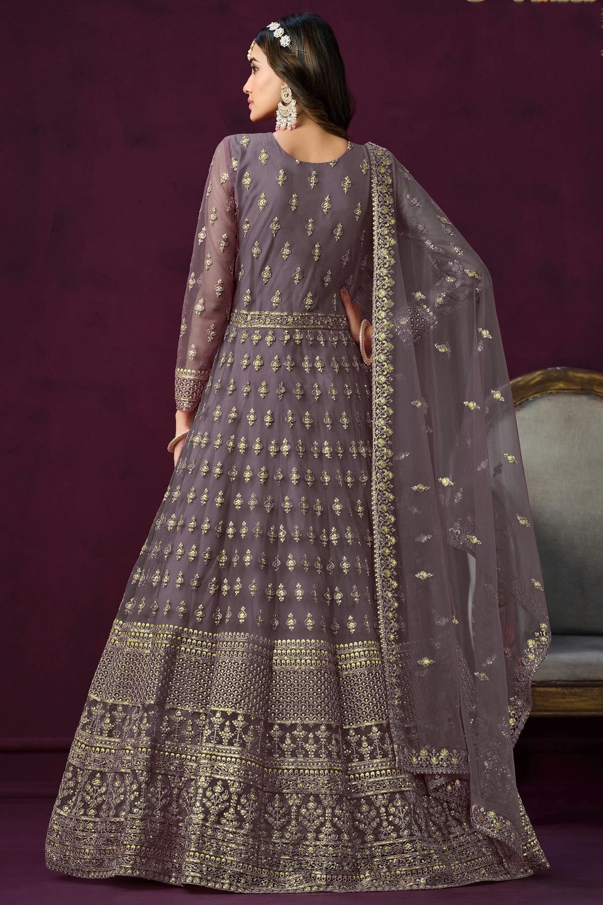 Grey Blue Colour Semi Stitched Net Anarkali Suit SM1050438 A