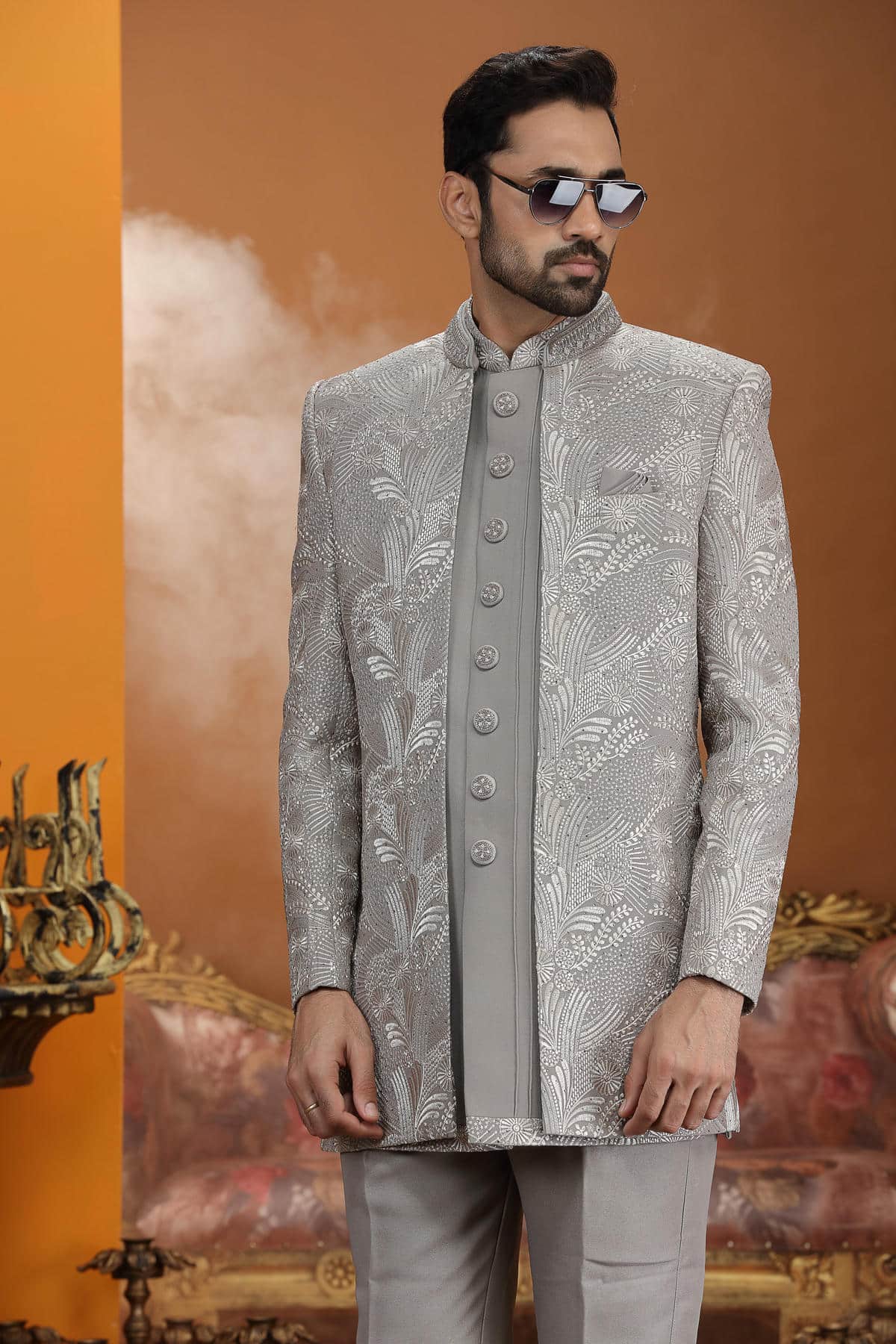Grey Colour Art Silk Embroidery 3 Pcs Jacket Set