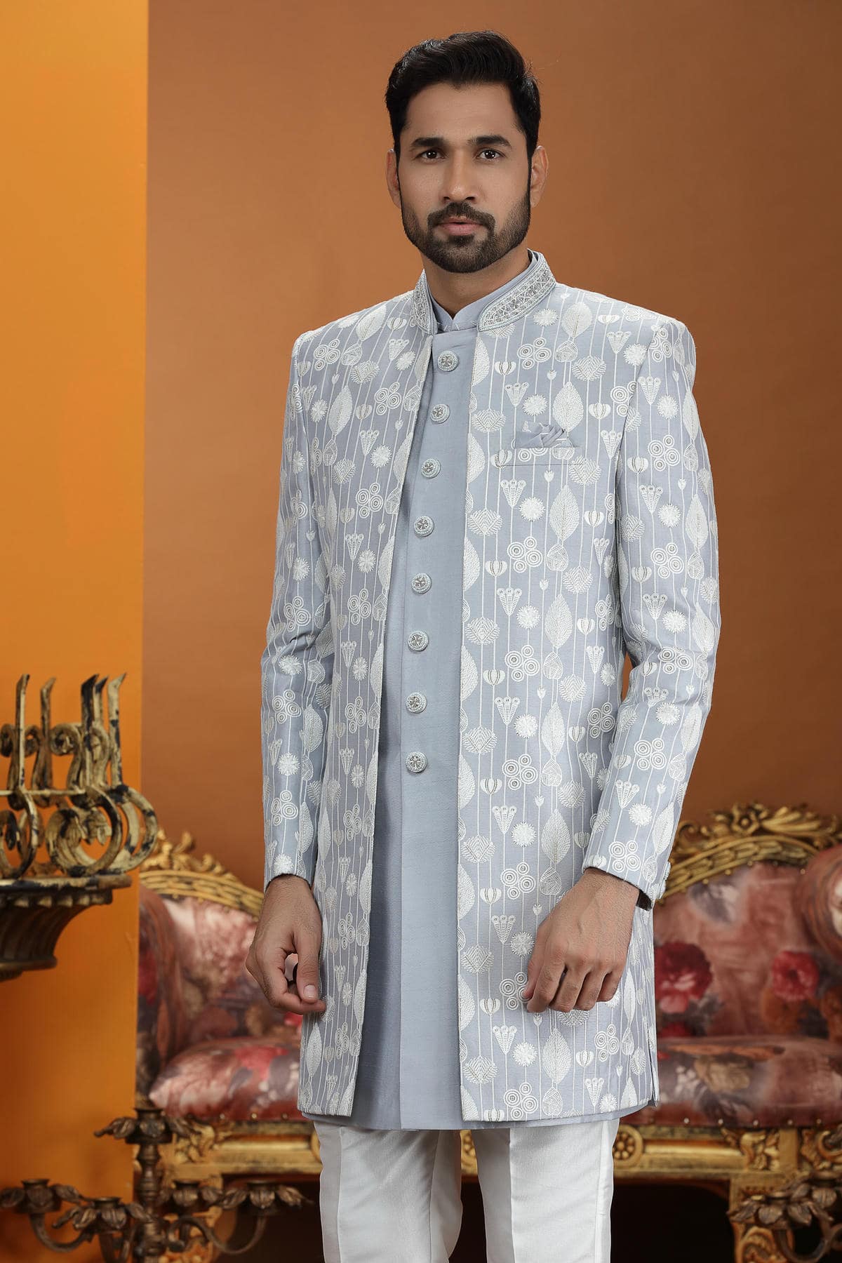 Grey Colour Art Silk Embroidery 3 Pcs Jacket Set