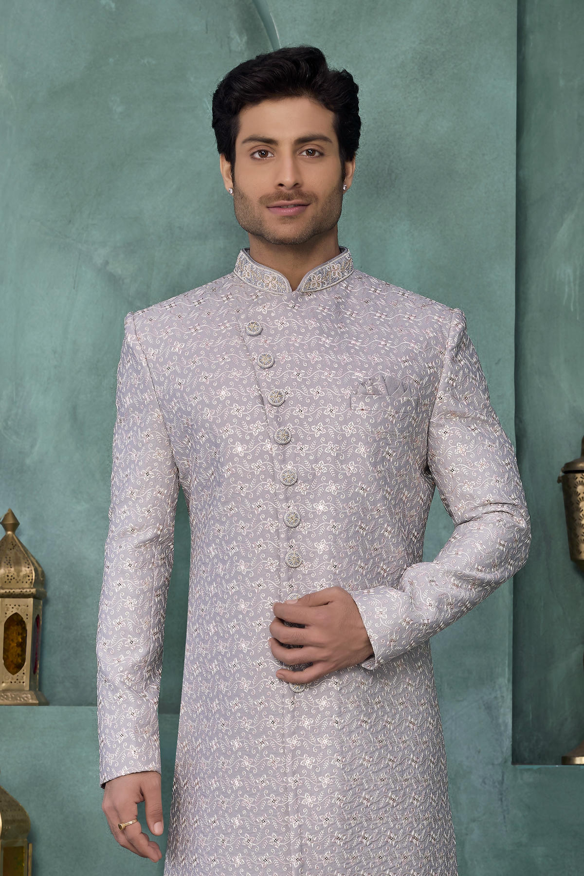 Grey Colour Art Silk Embroidery Work Sherwani