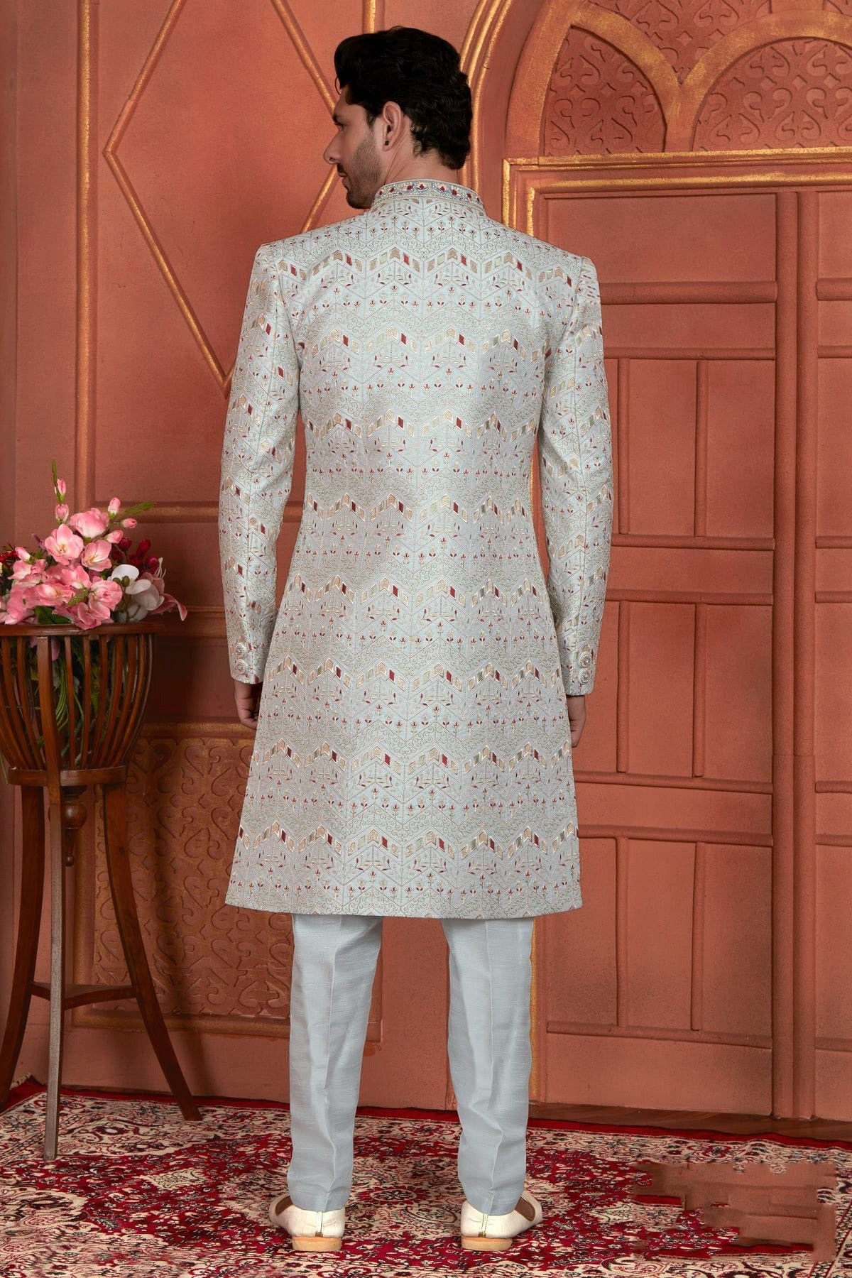 Grey Colour Art Silk Indowestern Sherwani With Aligadhi Pant SH1230011 B