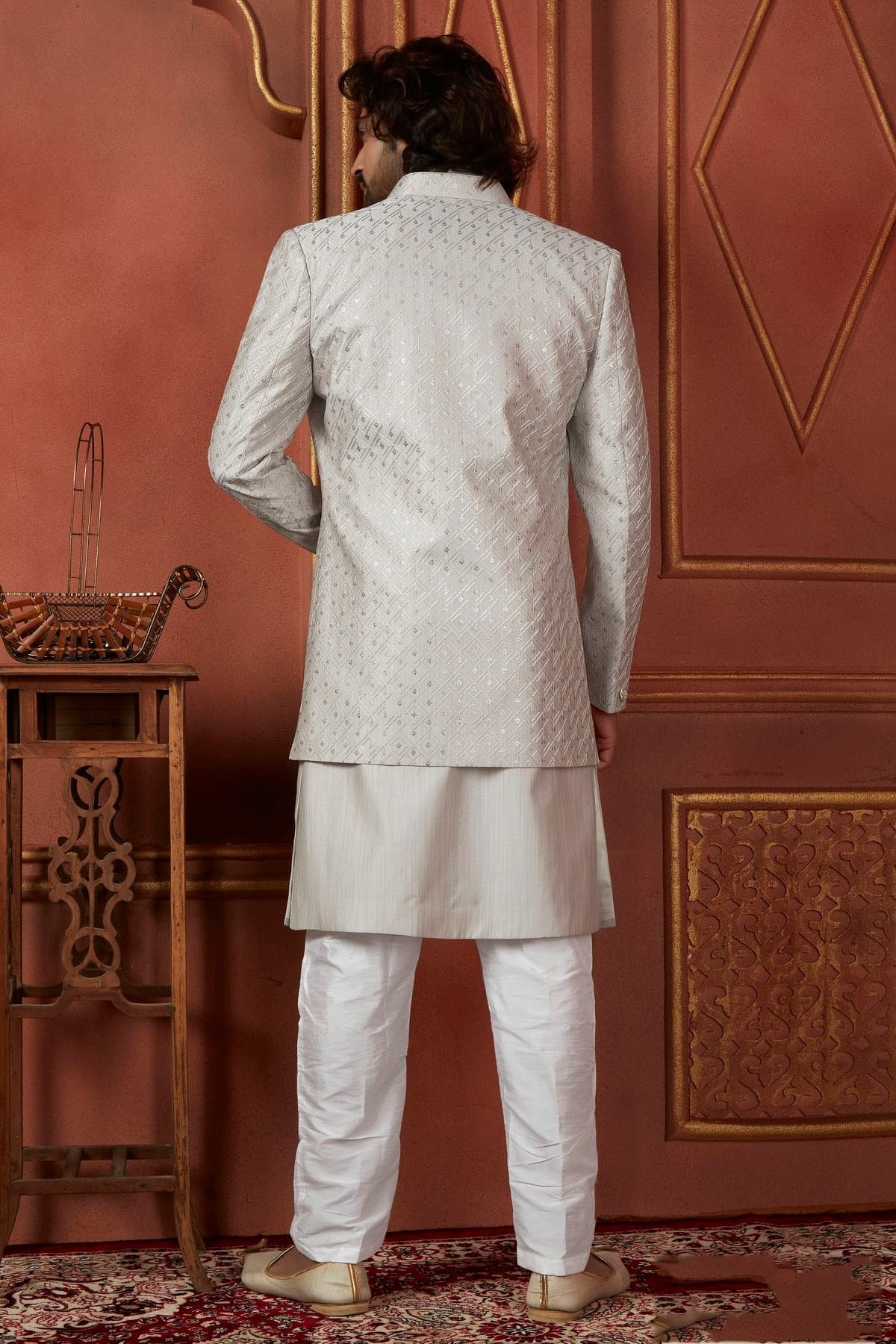 Grey Colour Art Silk Indowestern Sherwani With Aligadhi Pant SH1230090 B