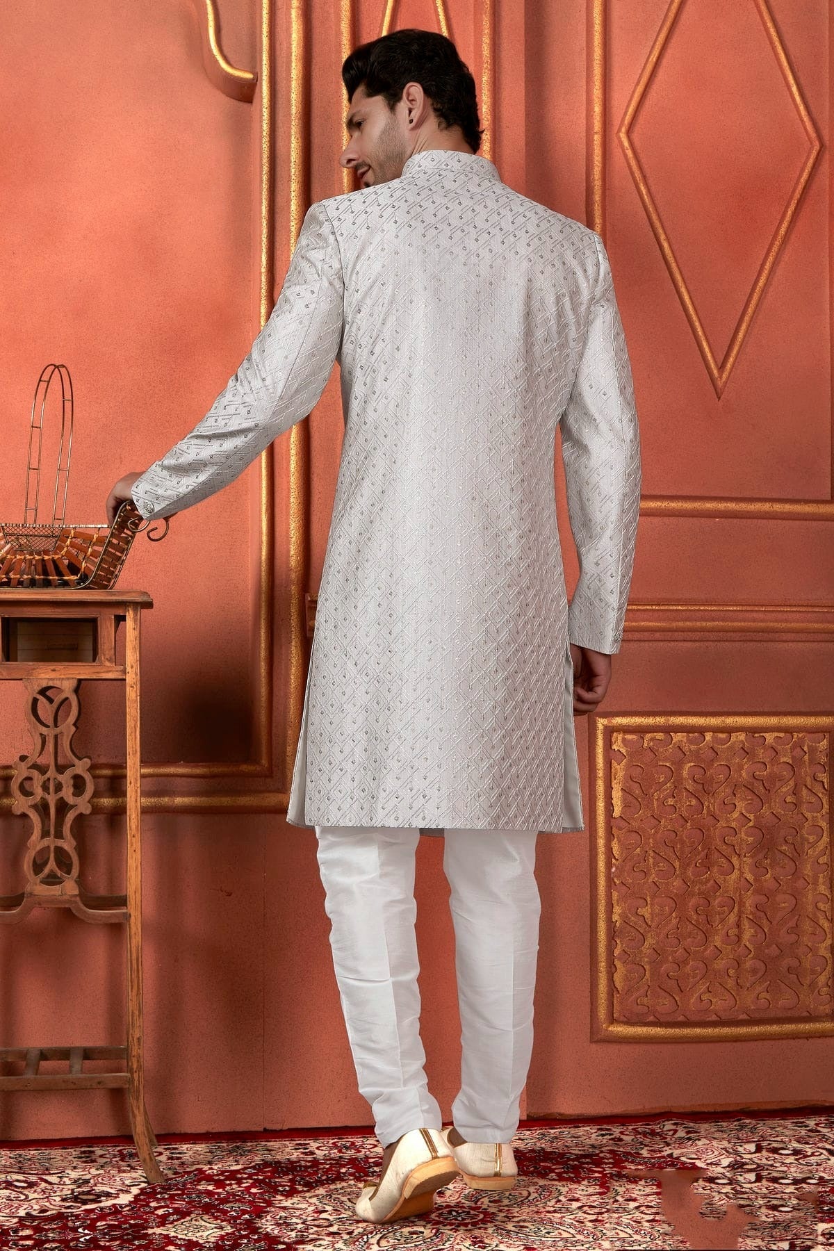 Grey Colour Art Silk Indowestern Sherwani With Aligadhi Pant SH1230100 B