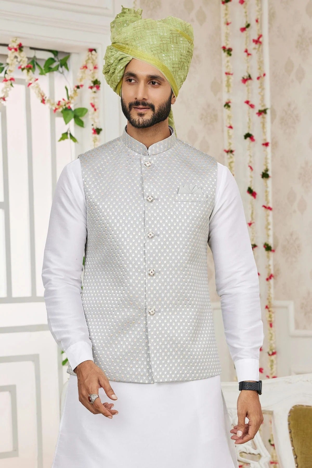 Grey Colour Art Silk Kurta Pajama With Jacket KP1230274 B