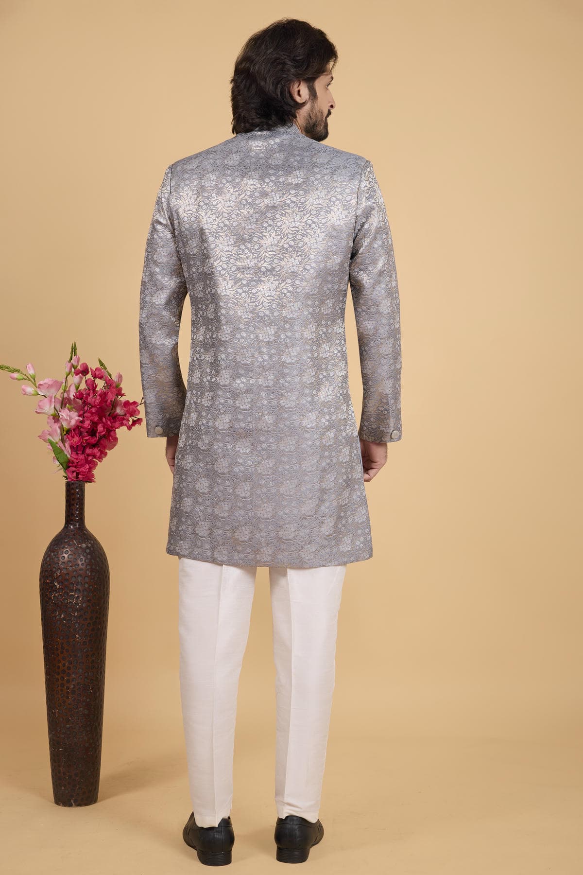 Grey Colour Art Silk Pintux Work Semi Indo Western Sherwani