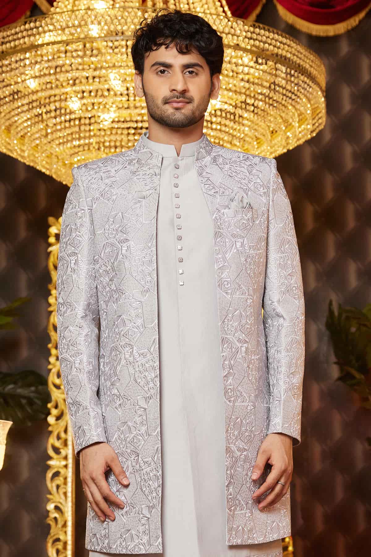 Grey Colour Art Silk Thread Work Embroidery 3 Pcs Indo Western