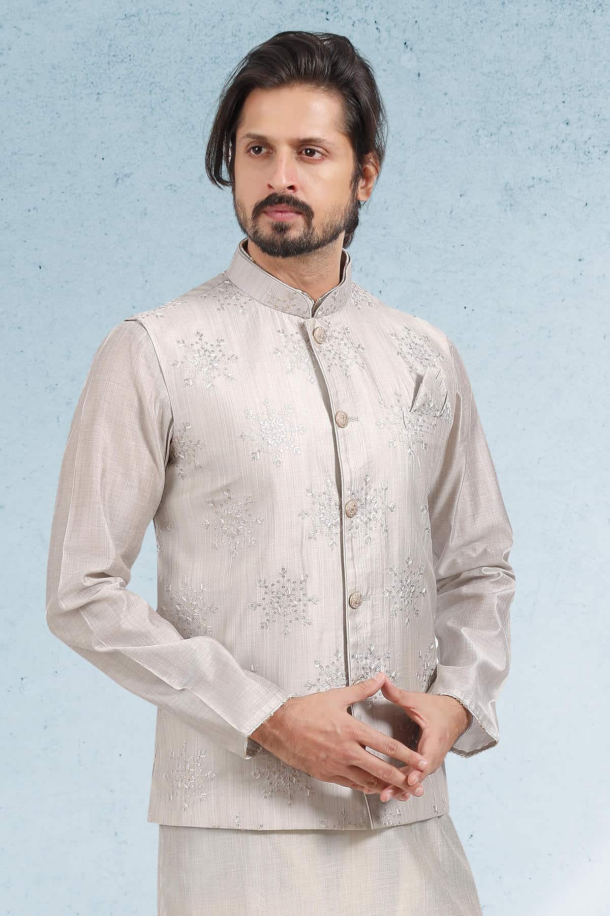 Grey Colour Art Silk Thread Work Kurta Pajama With Jacket