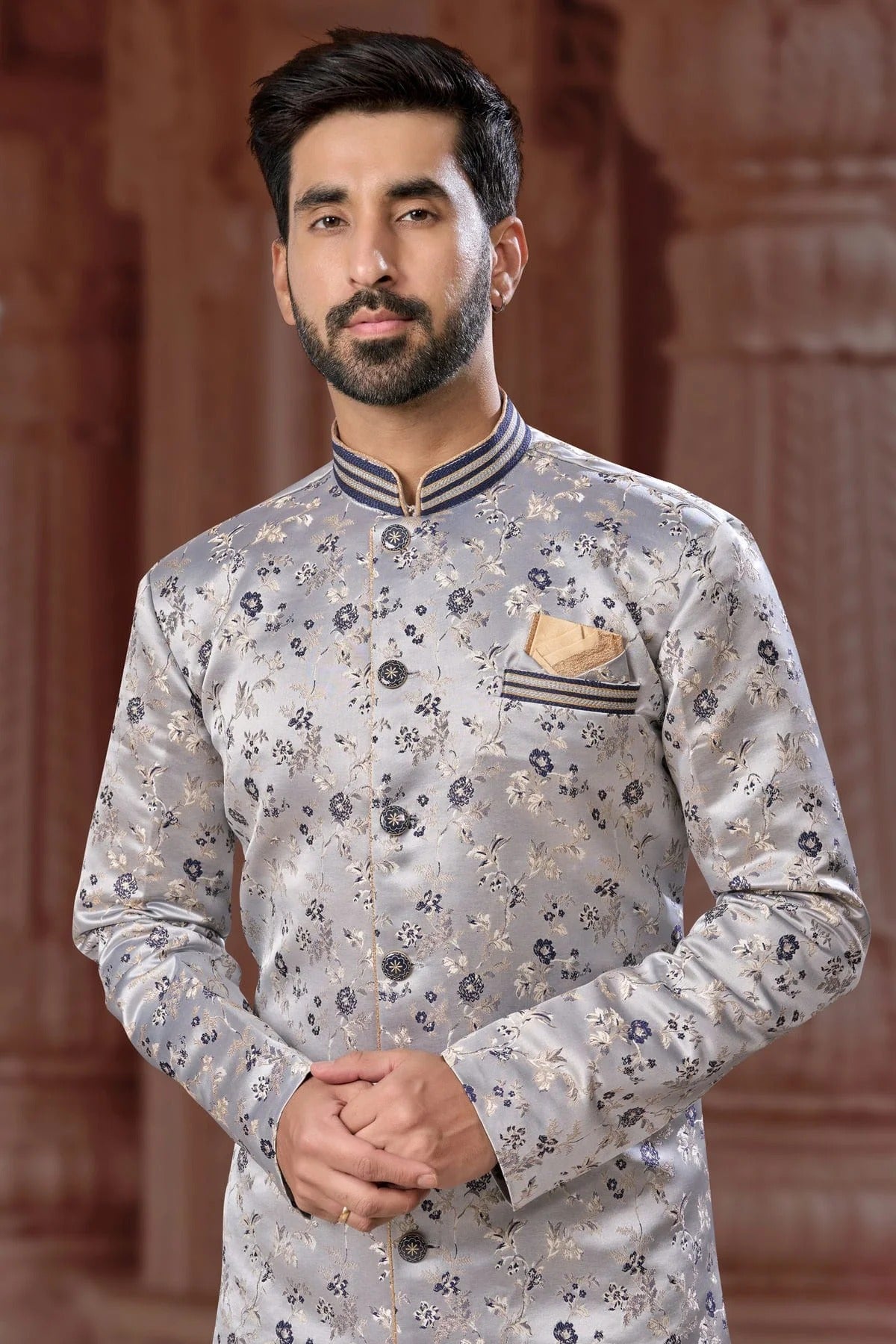 Grey Colour Banarasi Soft Jacquard Sherwani SH1040561 A