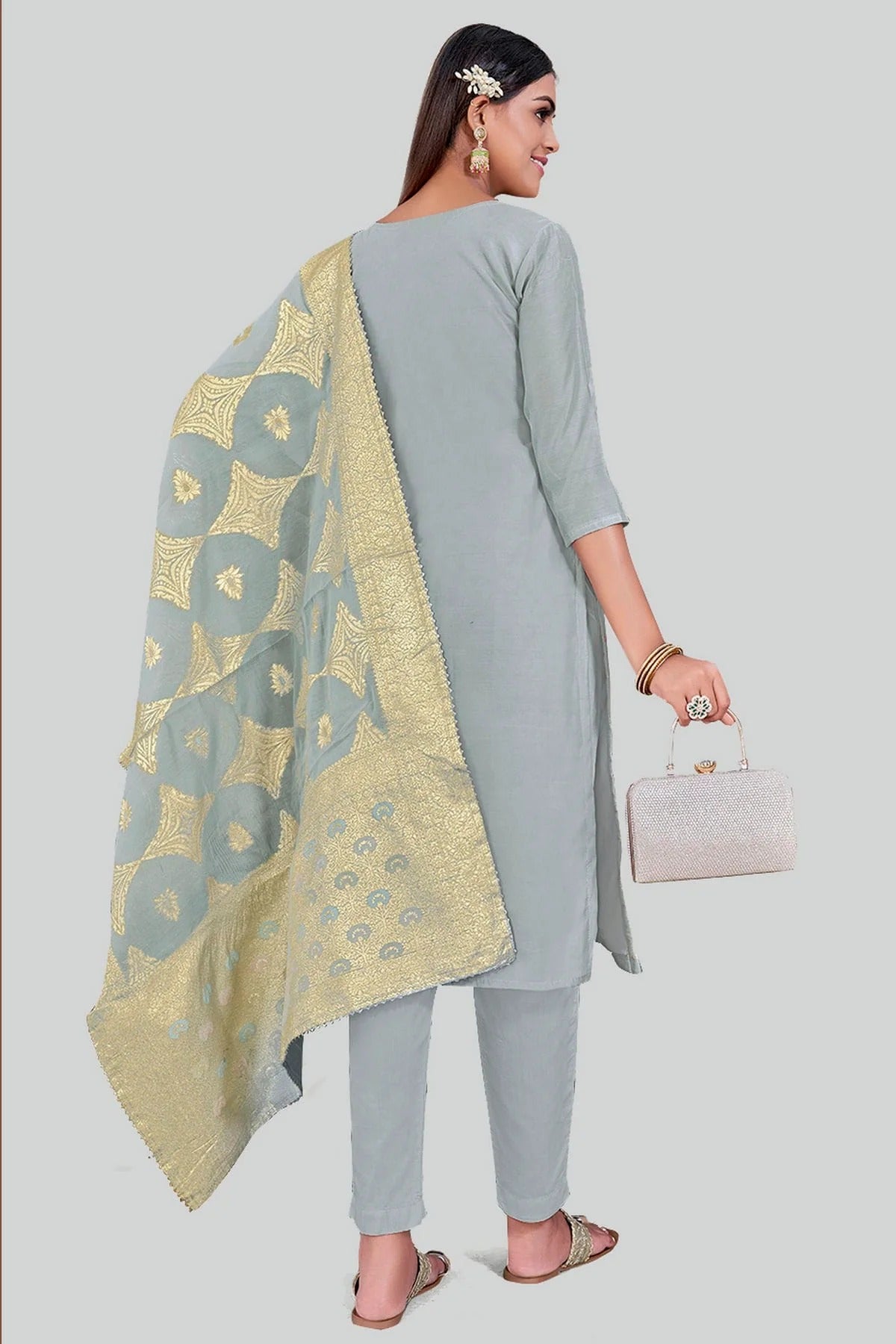 Grey Colour Chanderi Silk Pant Style Suit SM1110605 A