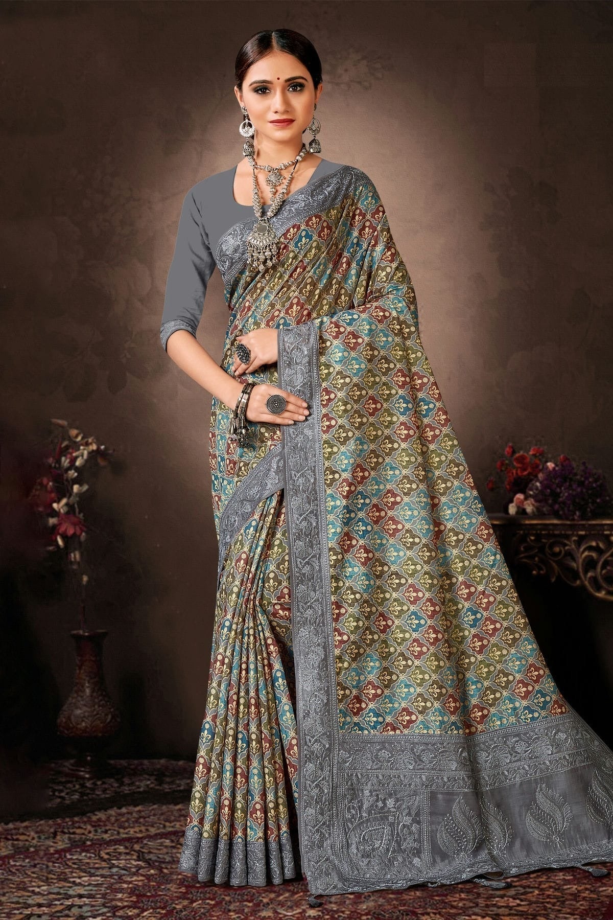 Grey Colour Chanderi Silk Printed Saree LC1121635