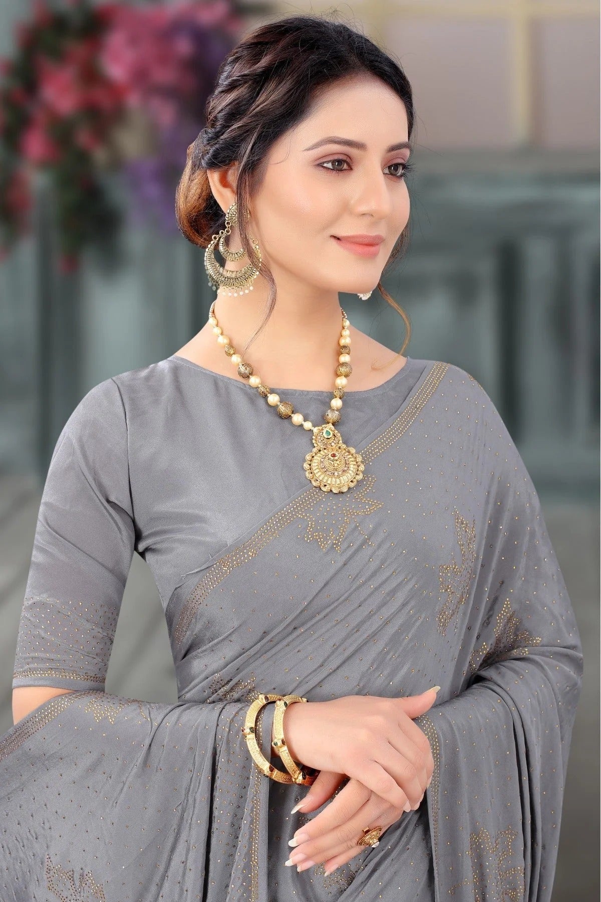 Grey Colour Crepe Swarovski Work Saree SD1120803 A