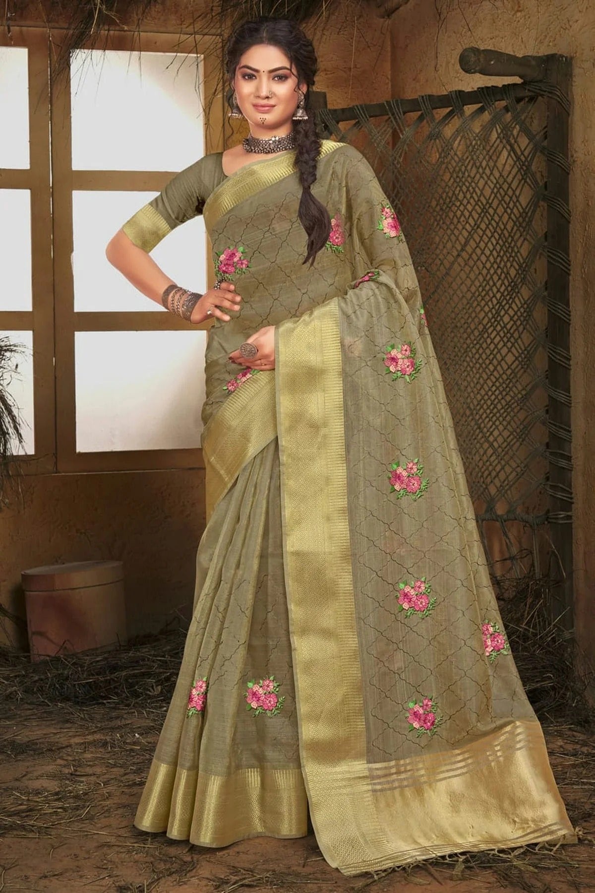 Grey Colour Embroidery Work Organza Saree SD1101383