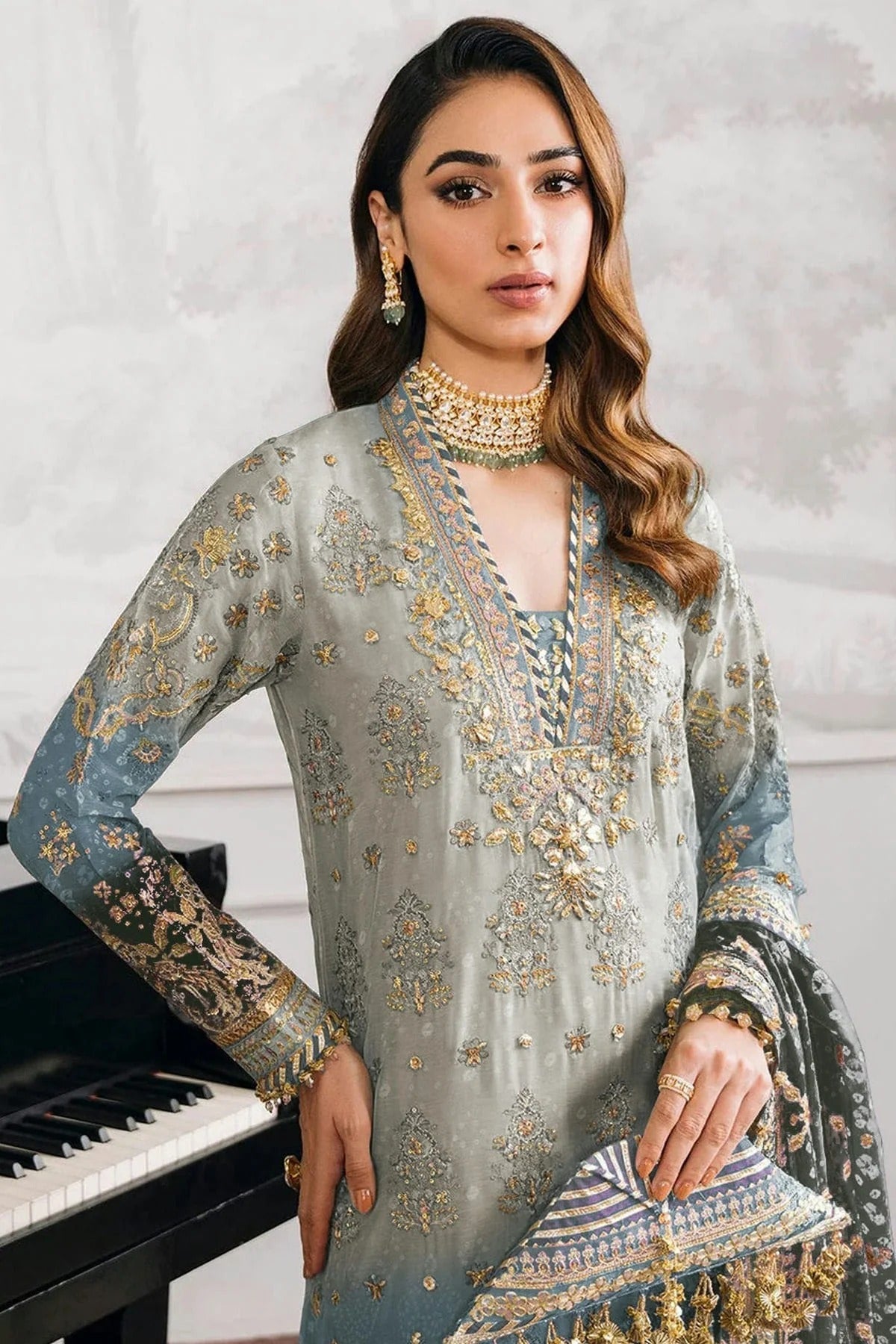 Grey Colour Faux Georgette Semi Stitched Pakistani Suit SM1140481 A