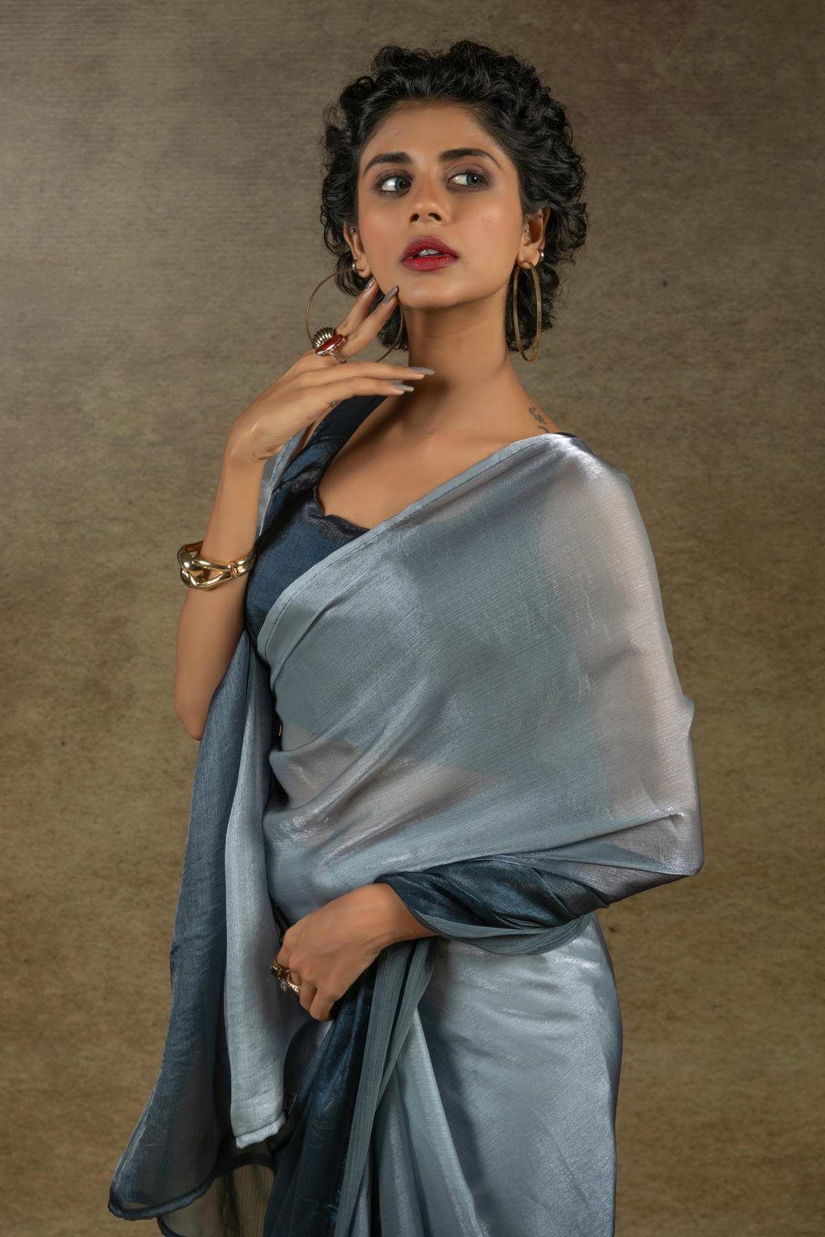 Grey Colour Fendi Satin Silk Ready To Wear Saree