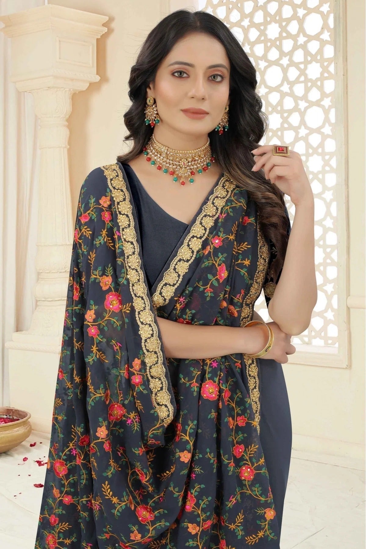 Grey Colour Georgette Embroidery Saree SD1120967 A