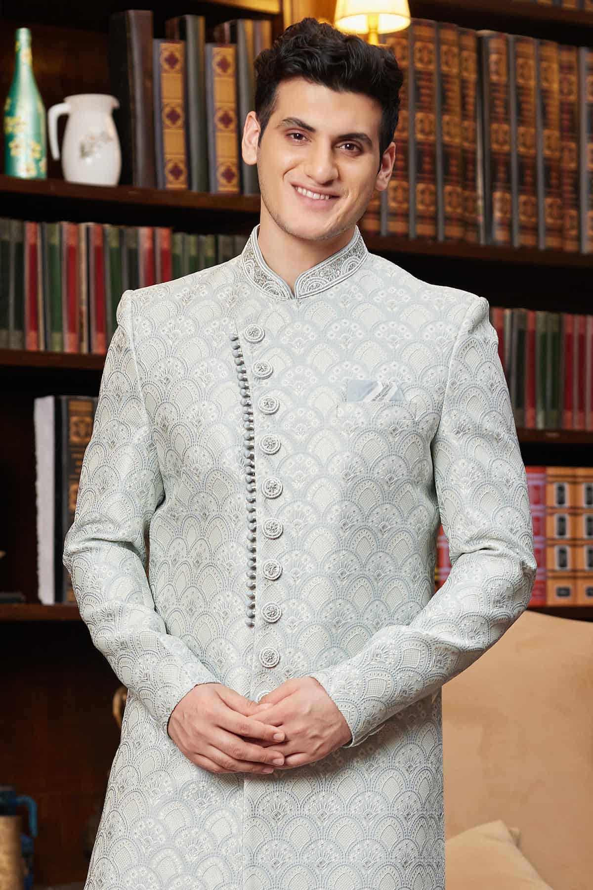 Grey Colour Jacquard Silk Embroidery Work Indo Western