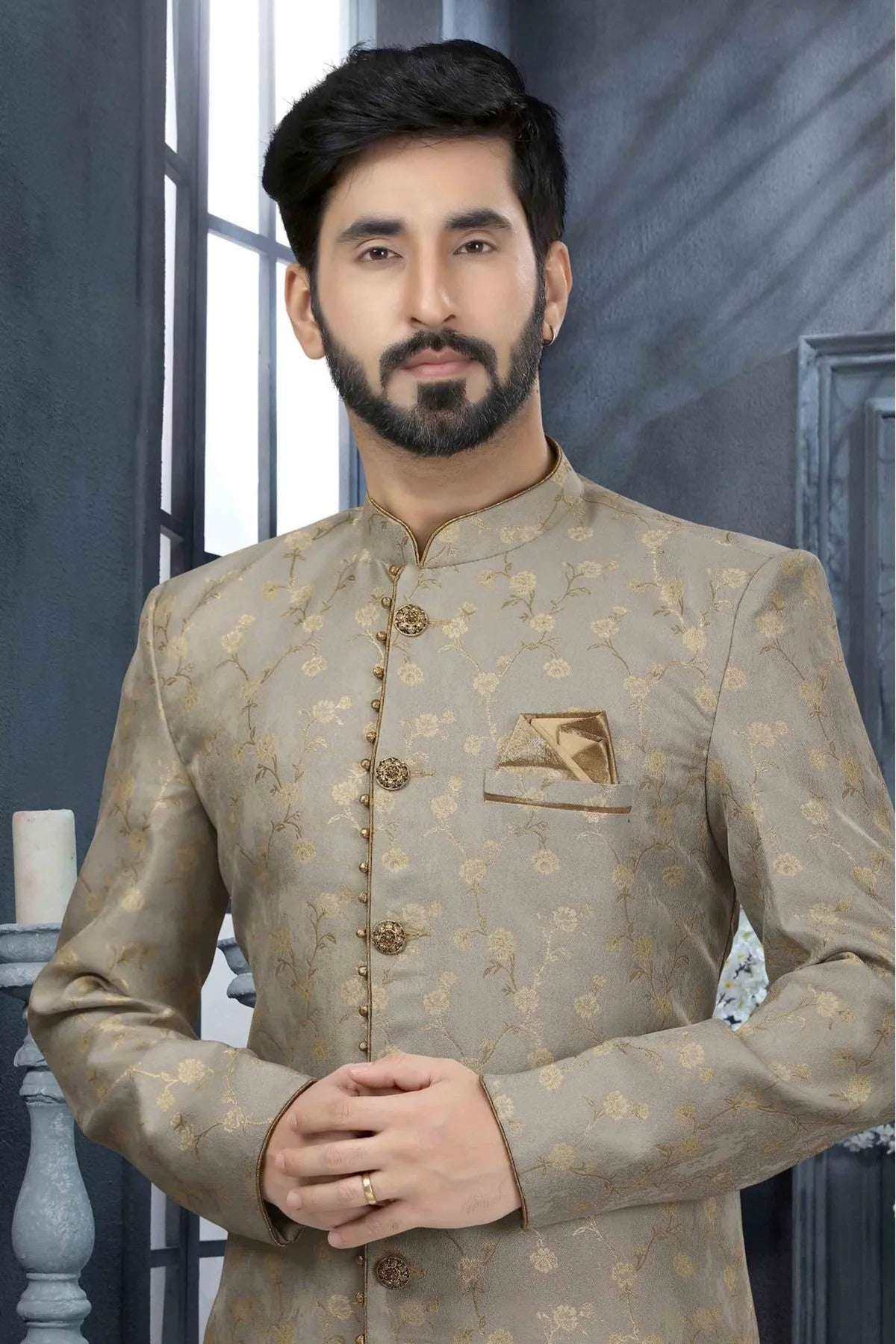 Grey Colour Jacquard Woven Sherwani SH1040315 A