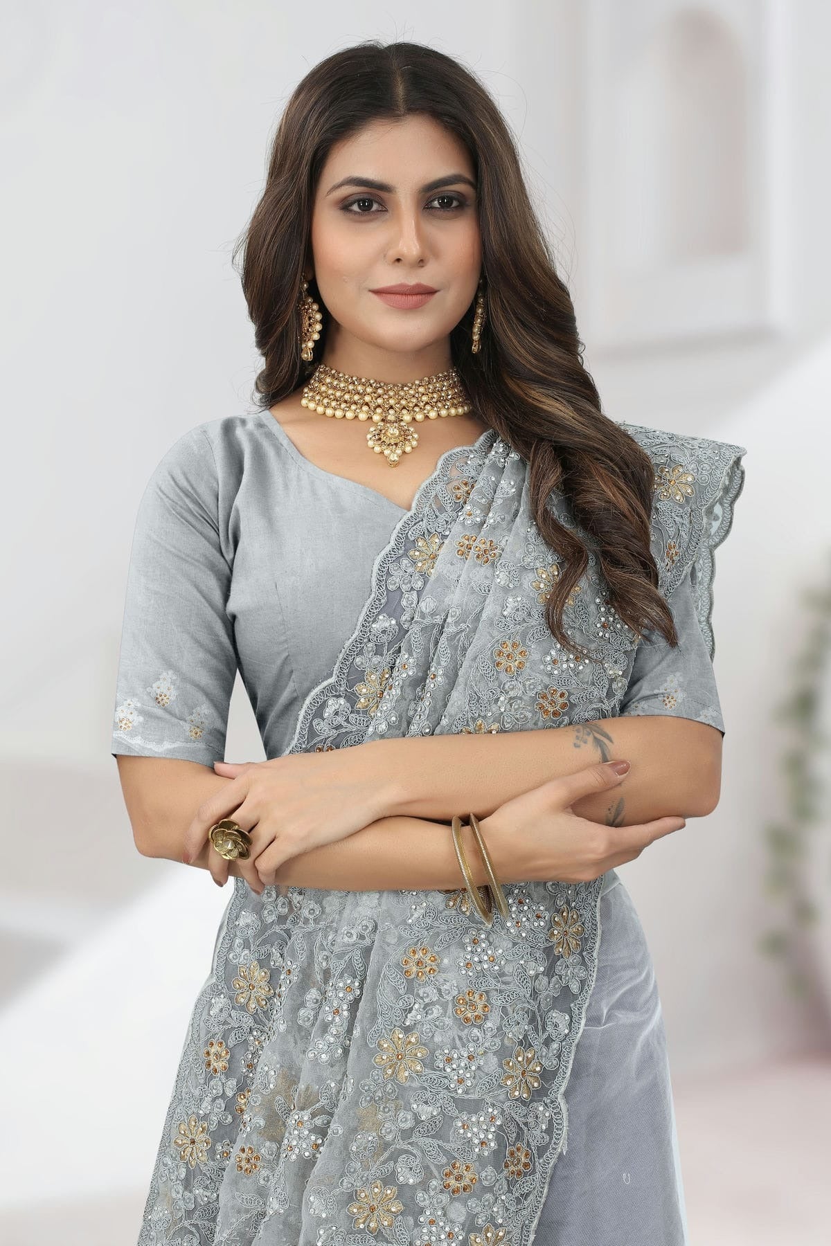 Grey Colour Net Saree SD1090838 A