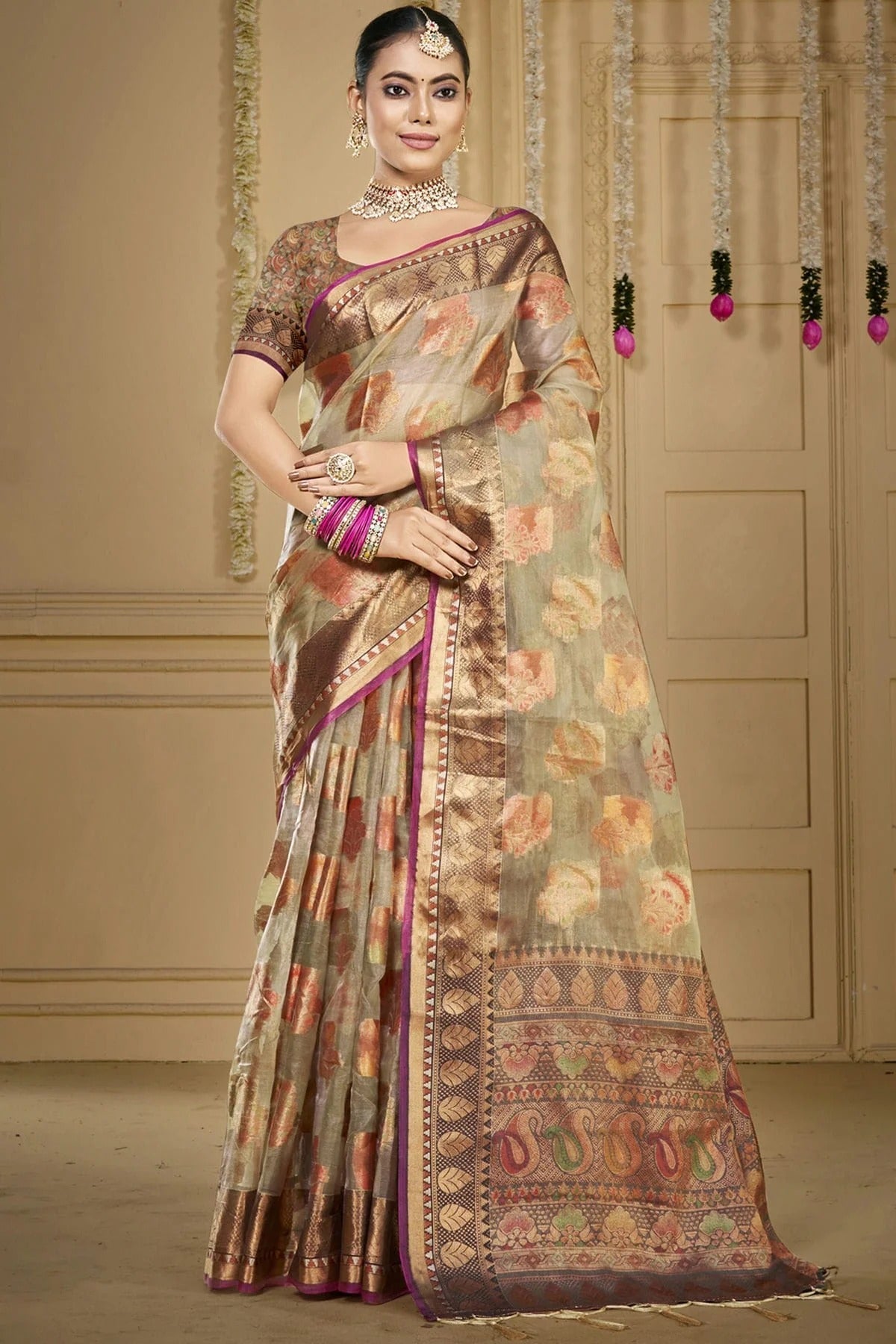 Grey Colour Organza Woven Work Traditional Saree SD1102915