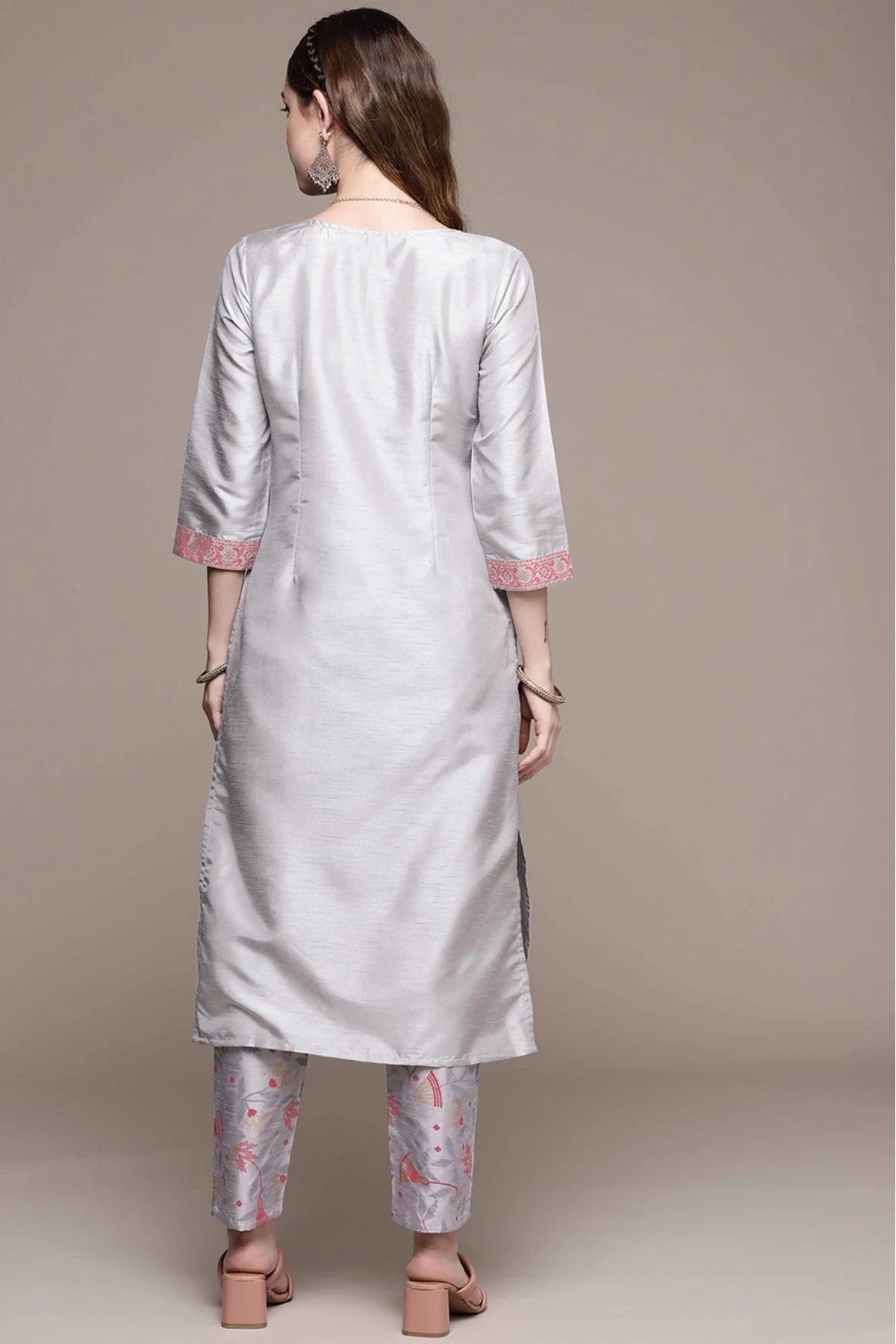 Grey Colour Poly Silk Foil Print Kurta With Pant KR1060155 B