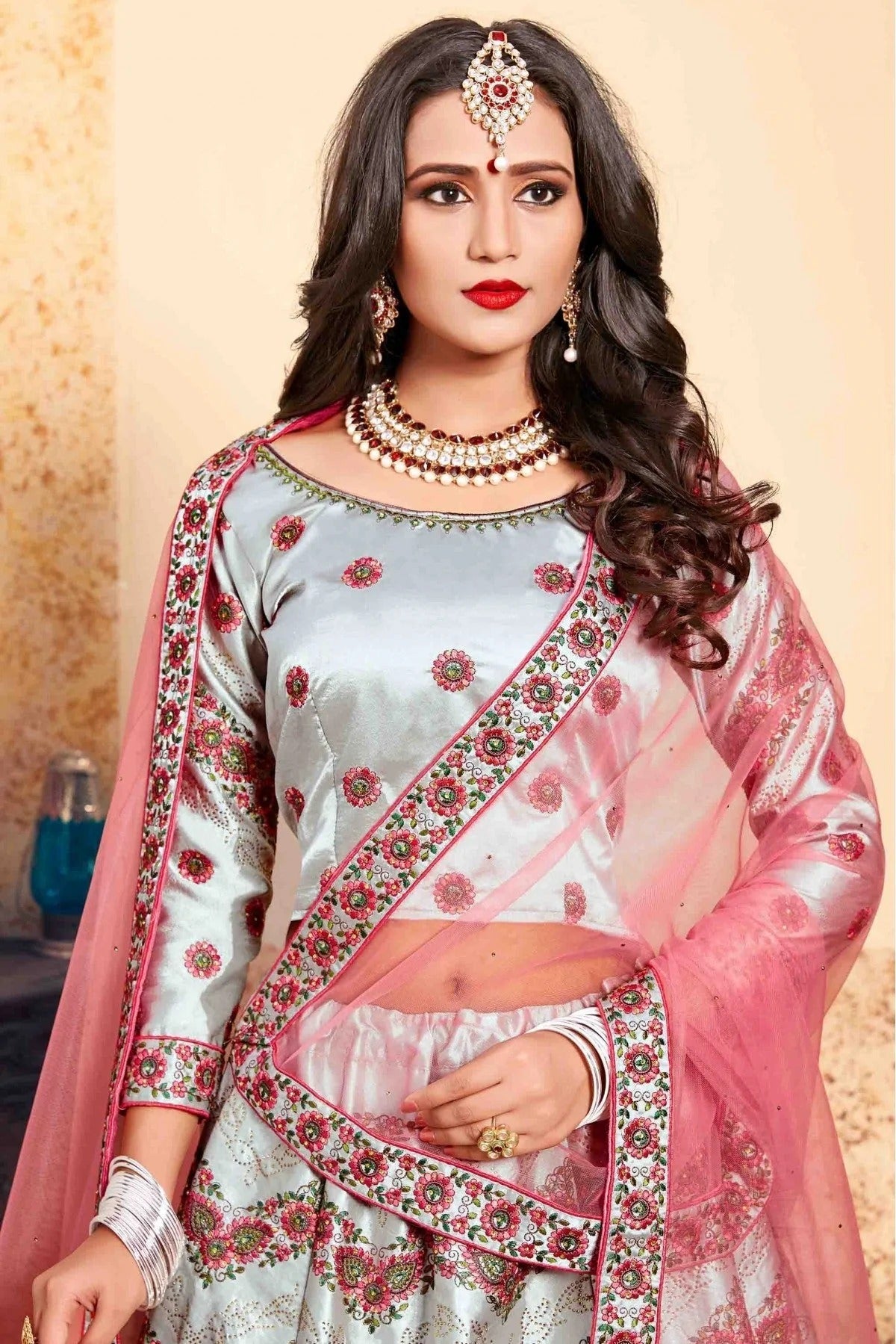 Grey Colour Satin Embroidery Lehenga Choli LC1080206 B