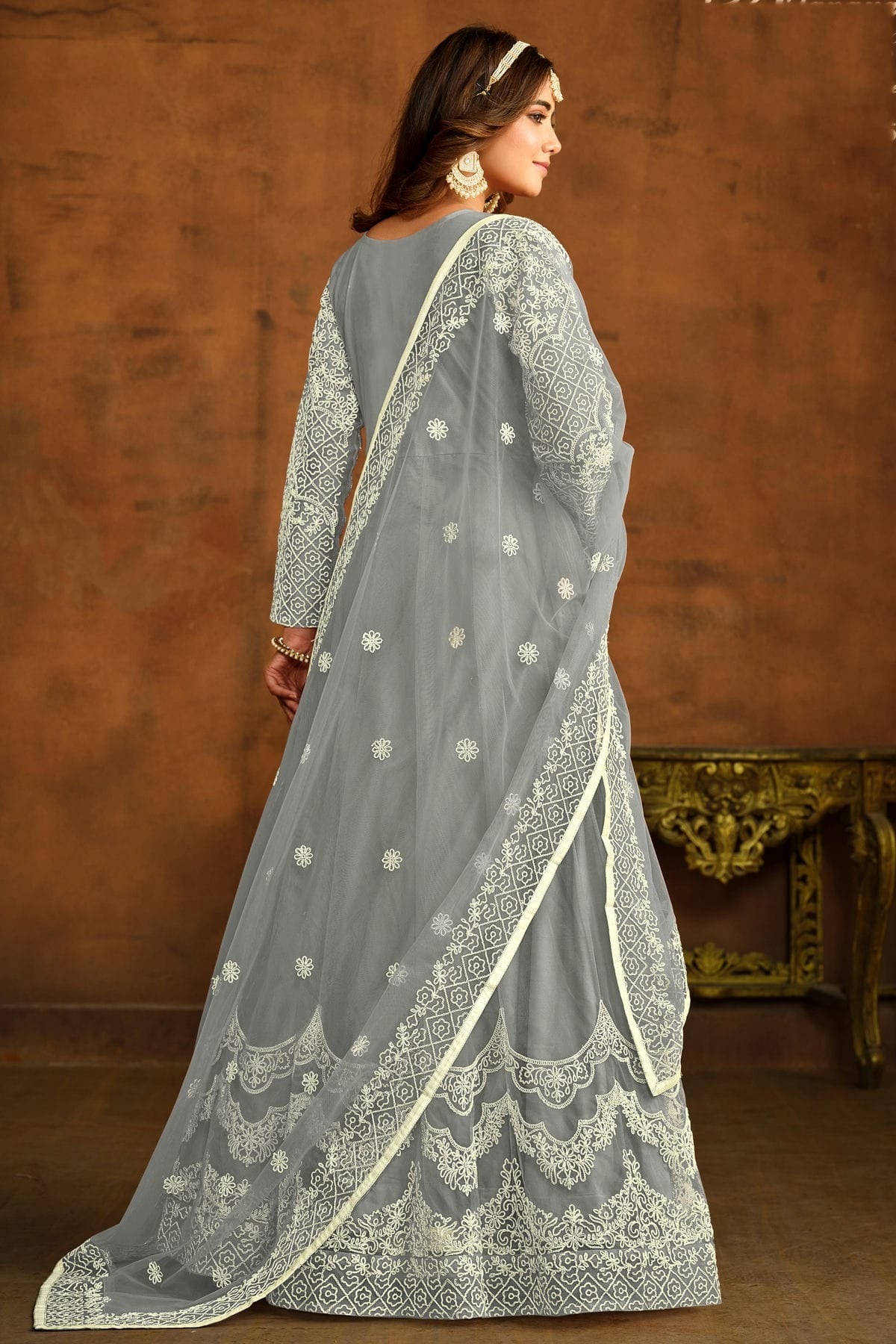 Grey Colour Semi Stitched Net Anarkali Suit SM1050444 A