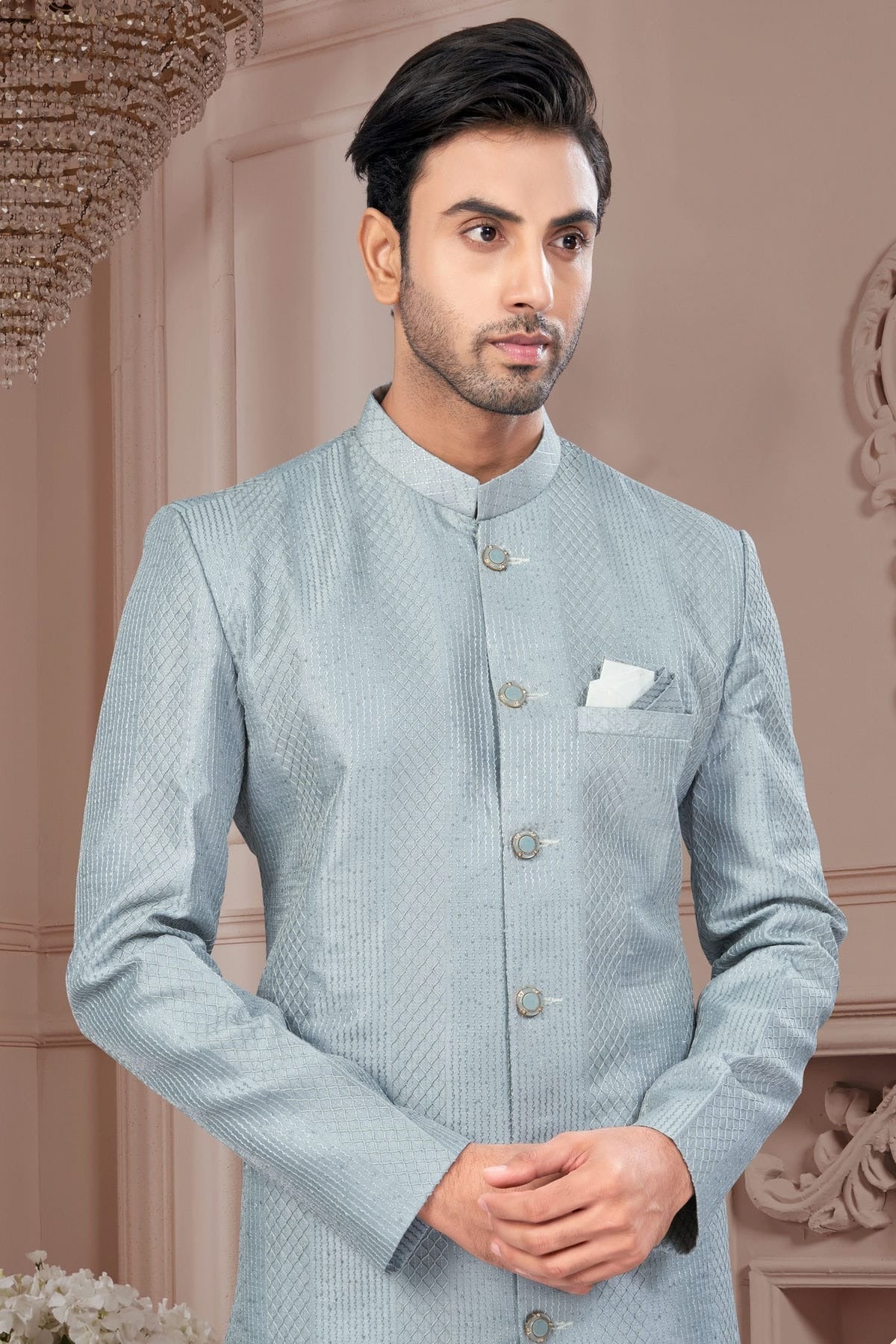 Grey Colour Silk Dupion Sherwani SH1040613 A