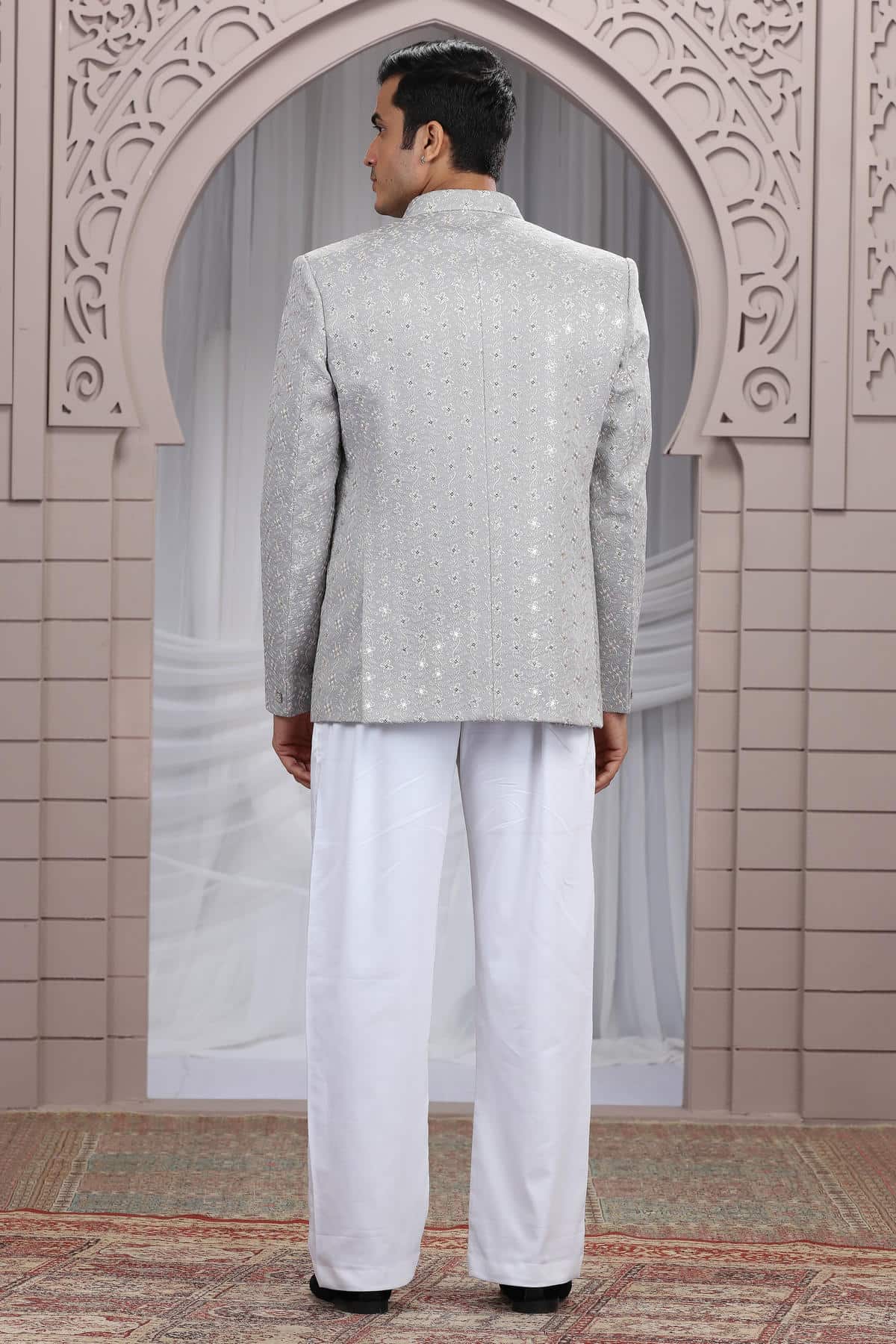 Grey Colour Thread Work Embroidery Art Silk 3 Pcs Jacket Jodhpuri