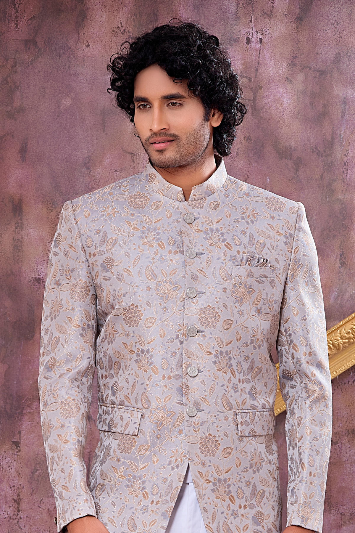 Grey Colour Thread Work Embroidery Imported Fabric Jodhpuri
