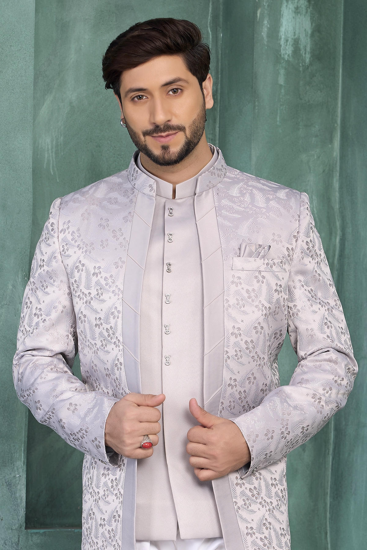 Grey Colour Thread Work Embroidery Jacquard Silk Jodhpuri