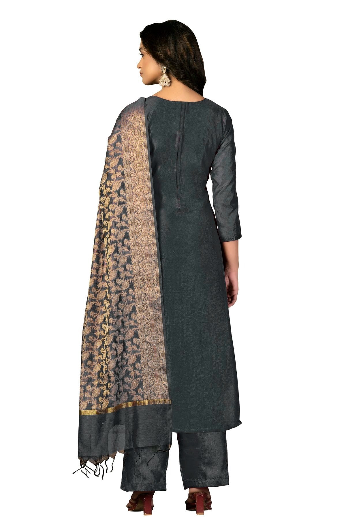Grey Colour Unstitched Banarasi Jacquard Fabric Straight Suit US1160898 A