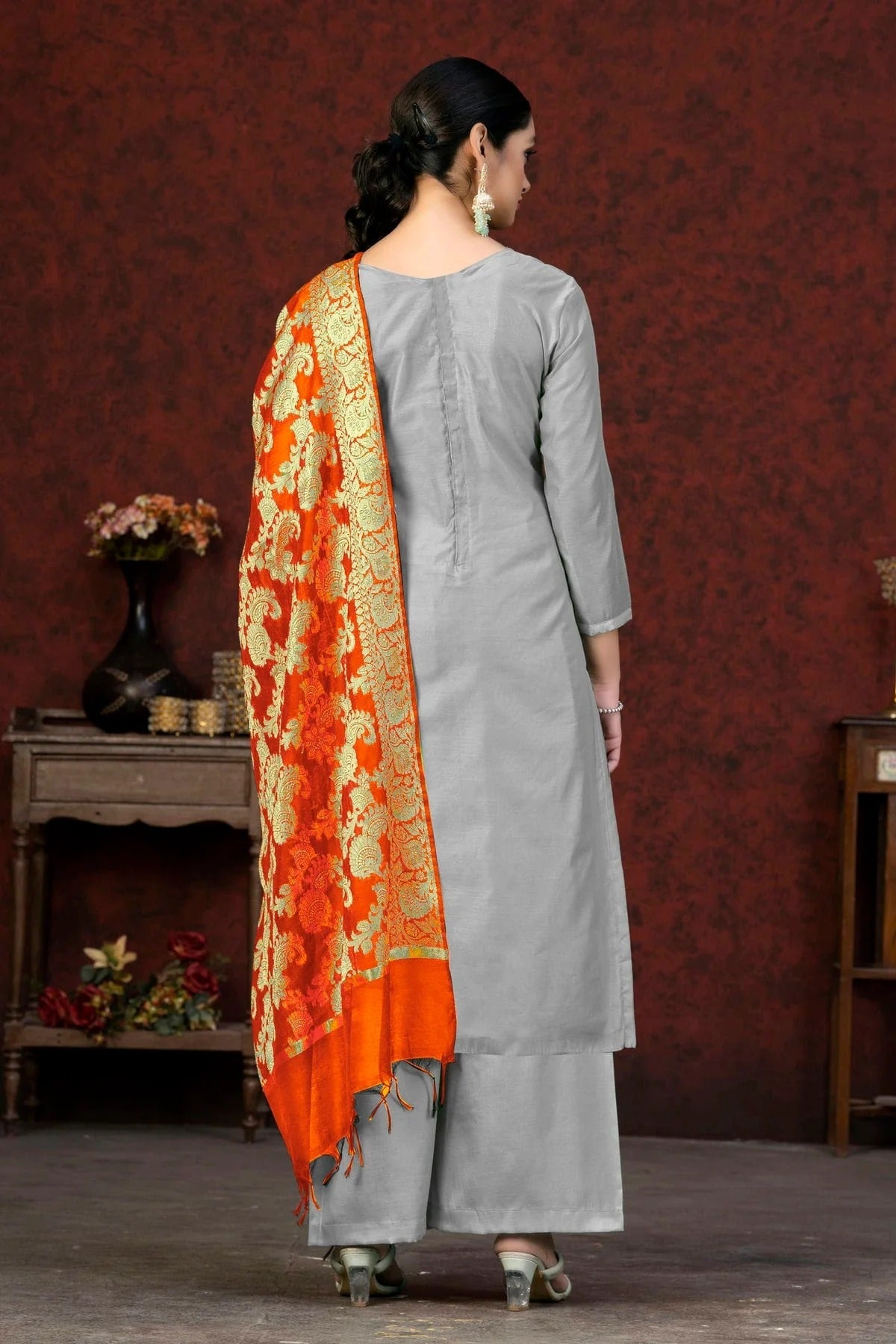 Grey Colour Unstitched Banarasi Jacquard Palazoo Pant Suit US1161379 A