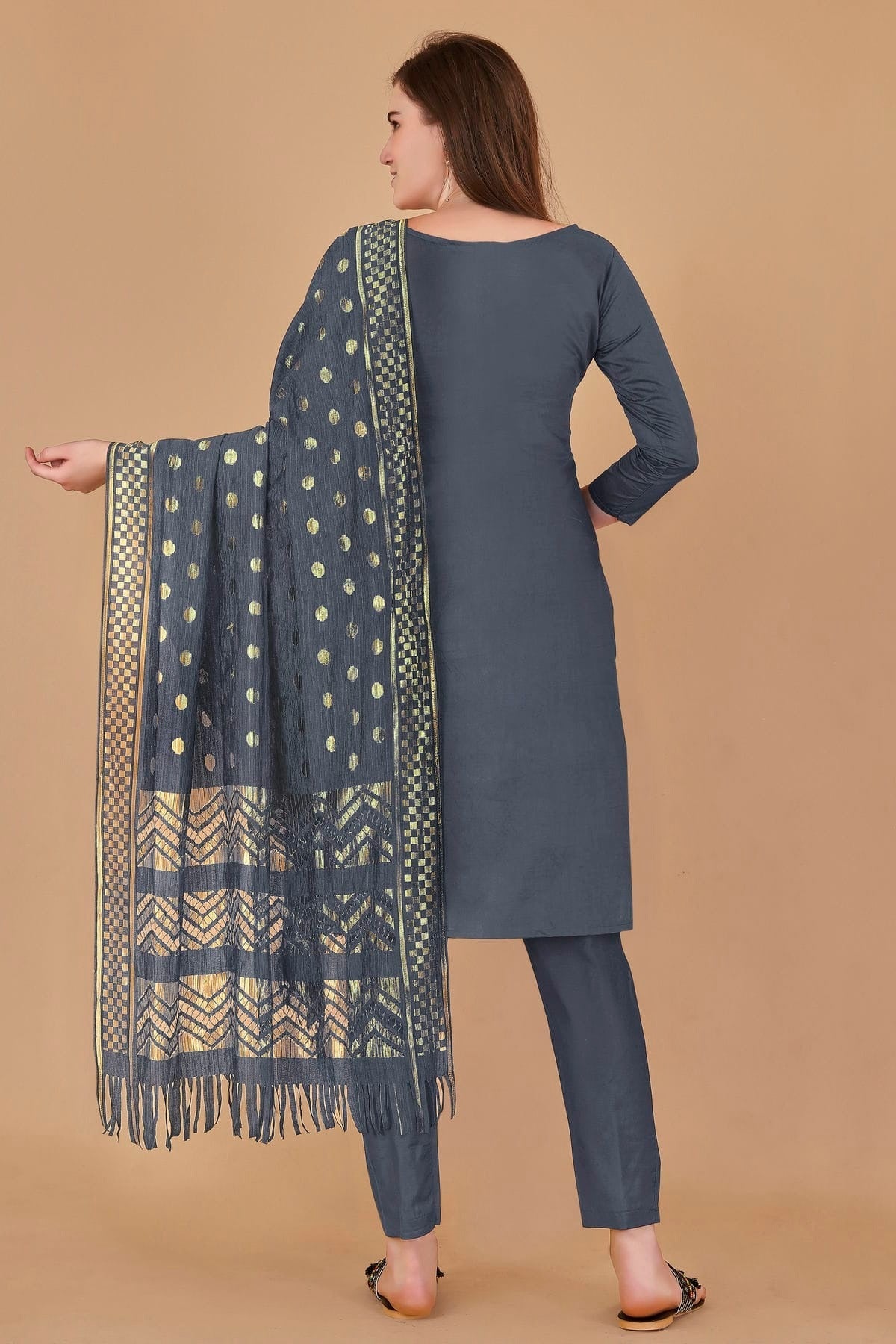 Grey Colour Unstitched Cotton Jacquard Straight Suit US1160878 A