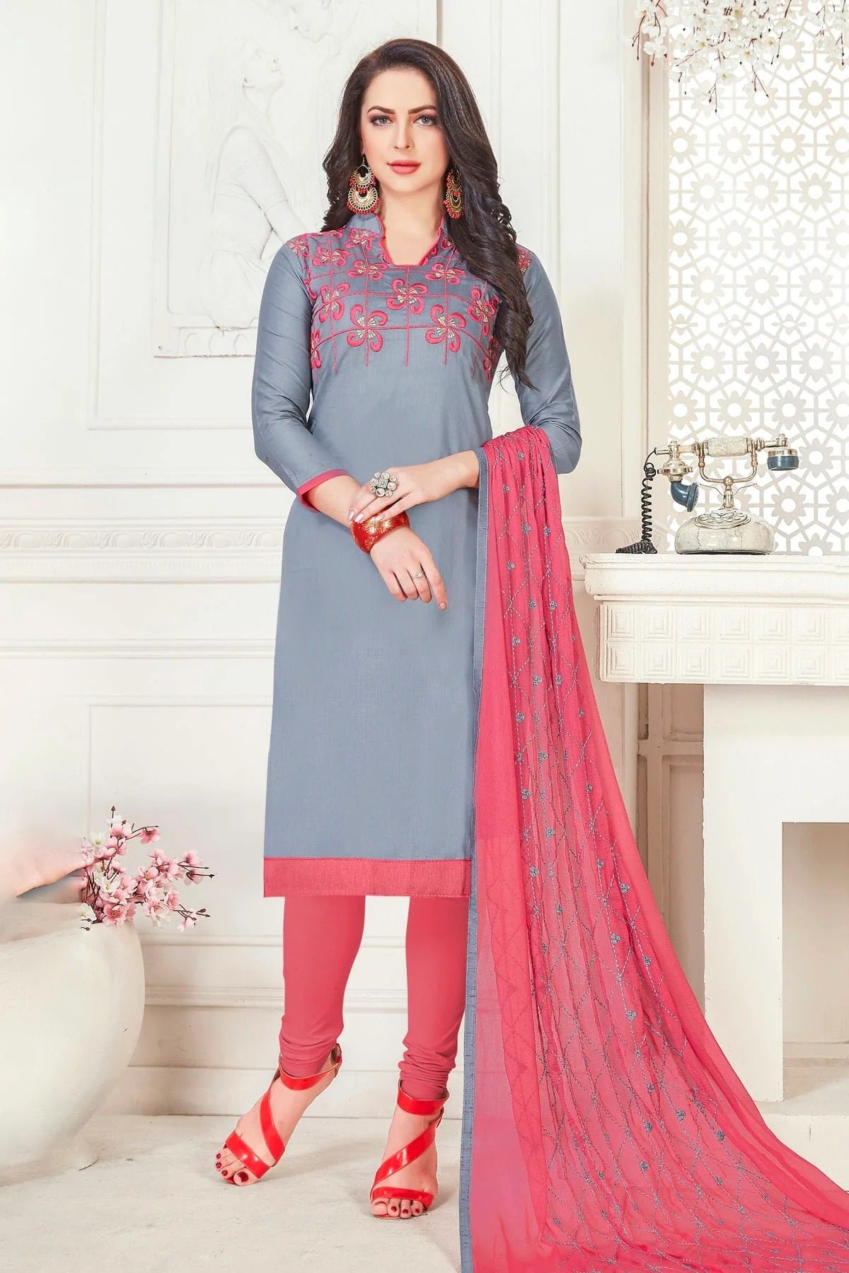 Grey Colour Unstitched Glace Cotton Churidar Suit US1161167
