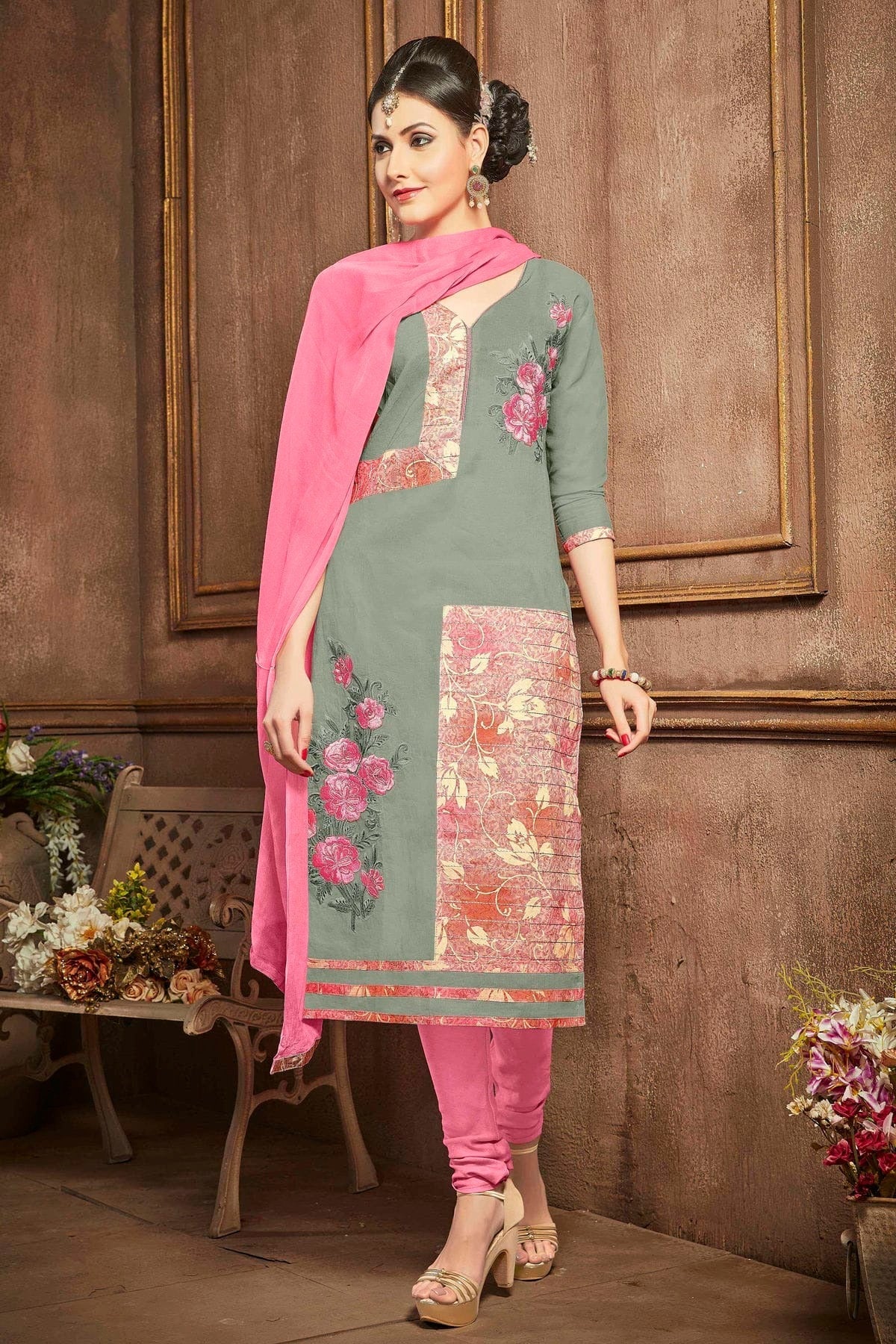 Grey Colour Unstitched Glaze Cotton Churidar Suit US1161186