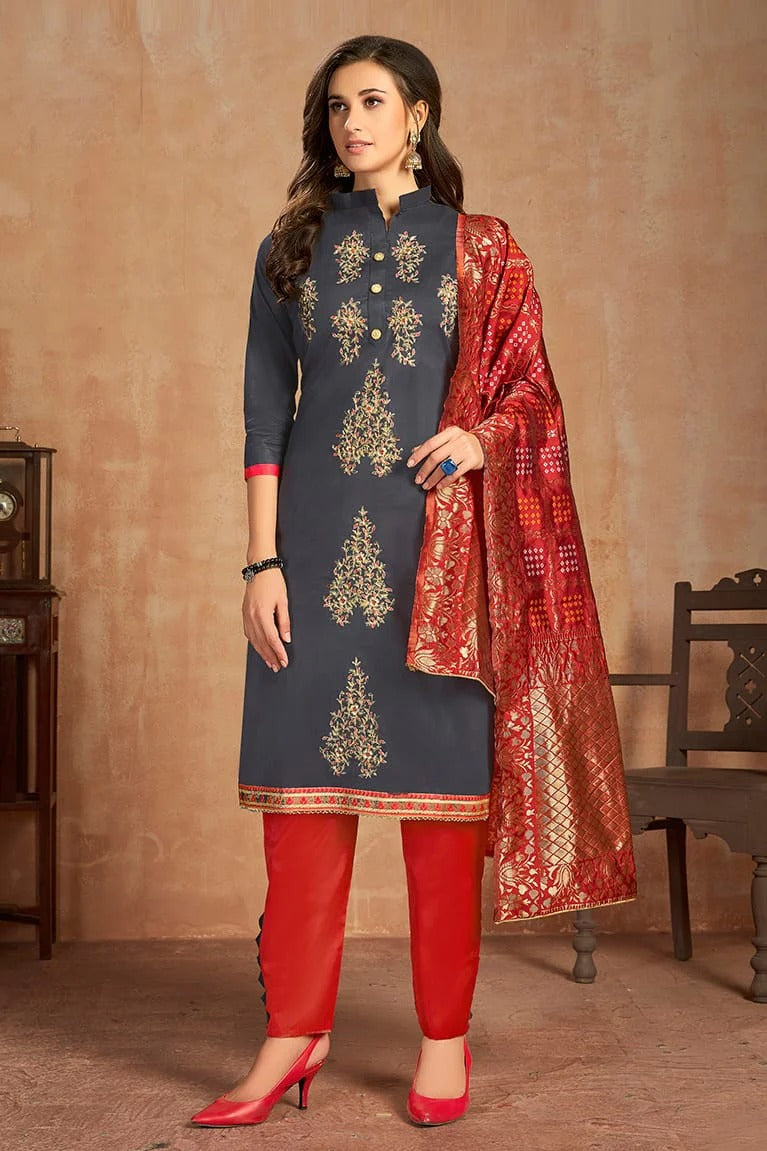 Grey Colour Unstitched Glaze Cotton Pant Style Suit US1161231