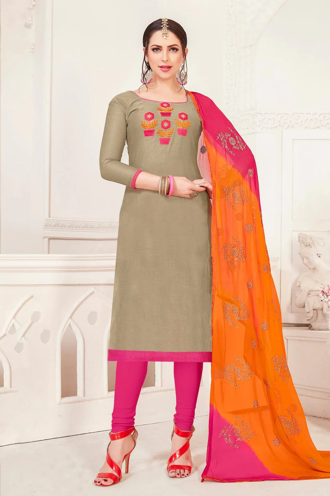 Grey Colour Unstitched Modal Silk Churidar Suit US1161105