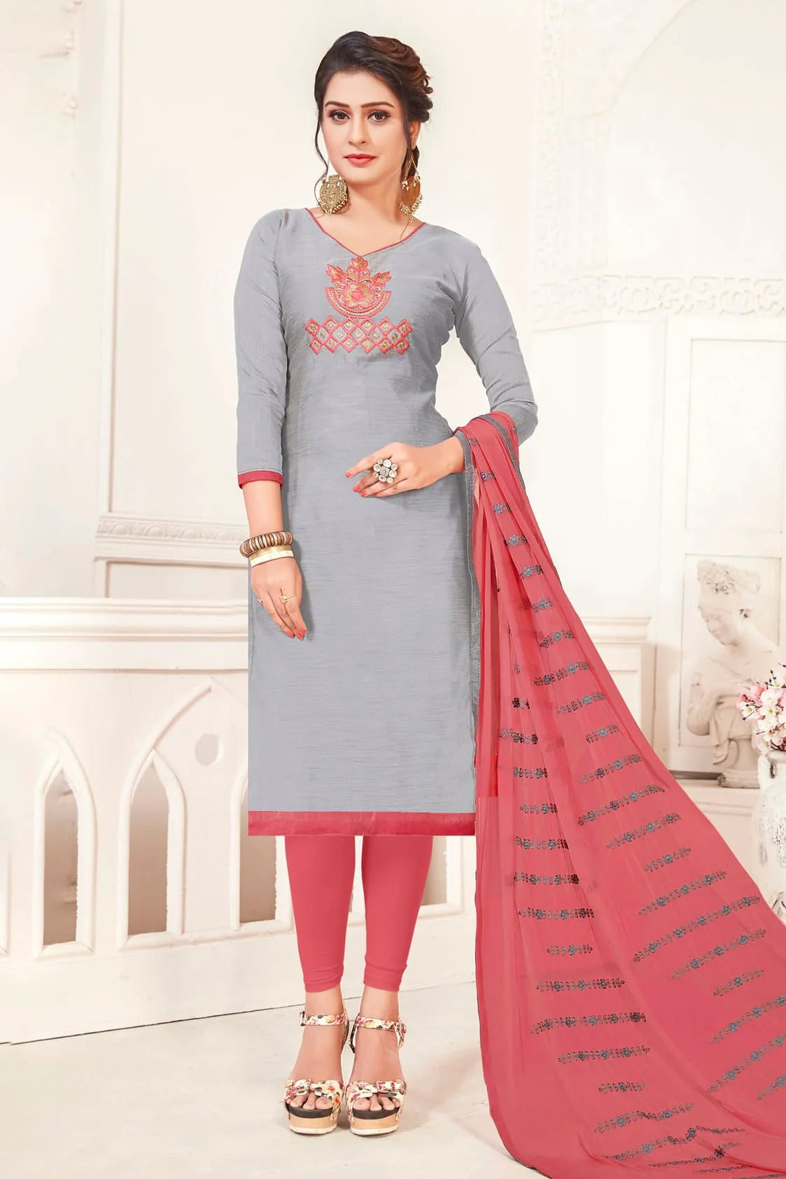 Grey Colour Unstitched Modal Silk Churidar Suit US1161106