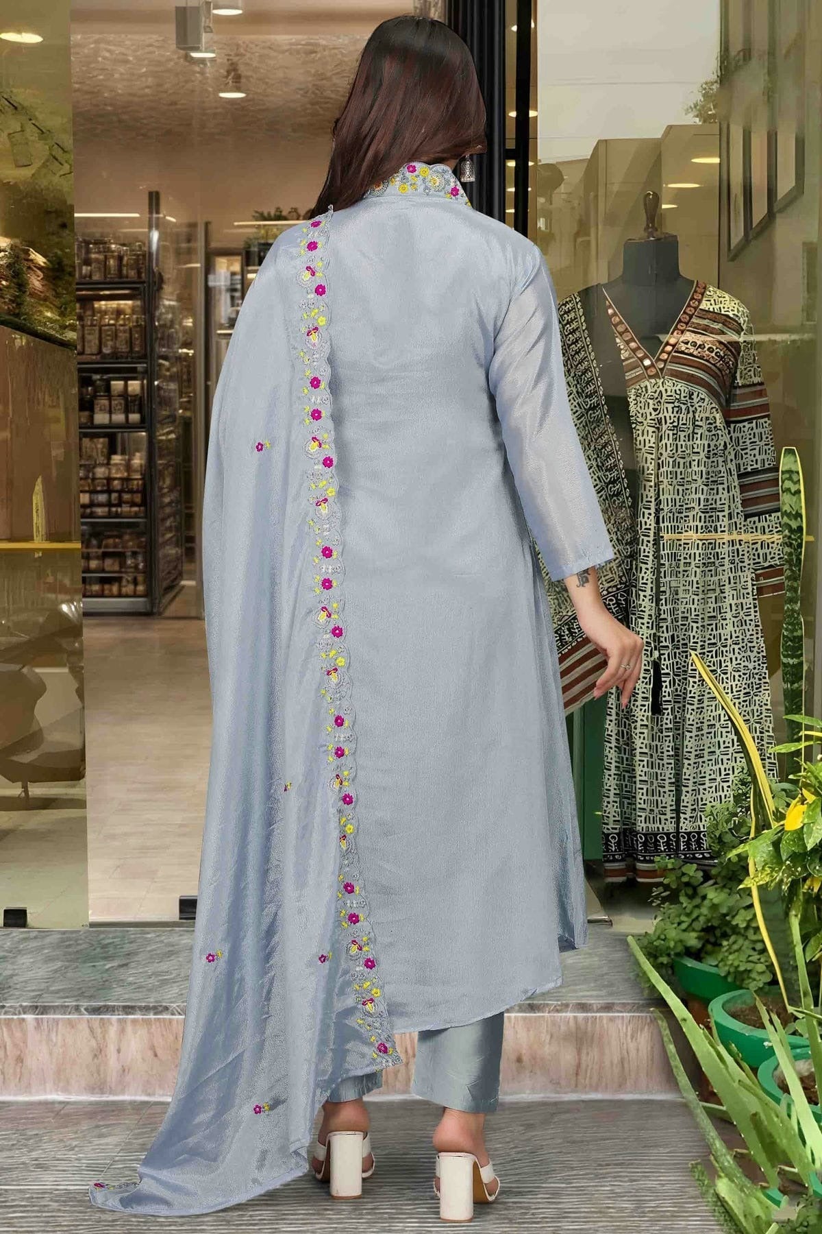 Grey Colour Viscose Chinon Stitched Suit SS1113327 A